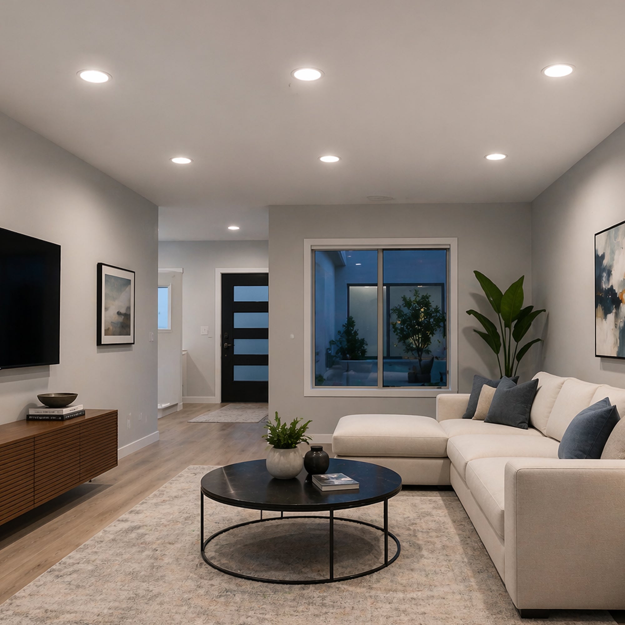 Modern living room with recessed 5CCT slim flat panel LED downlights providing clean, even ceiling illumination with neutral white lighting ambiance