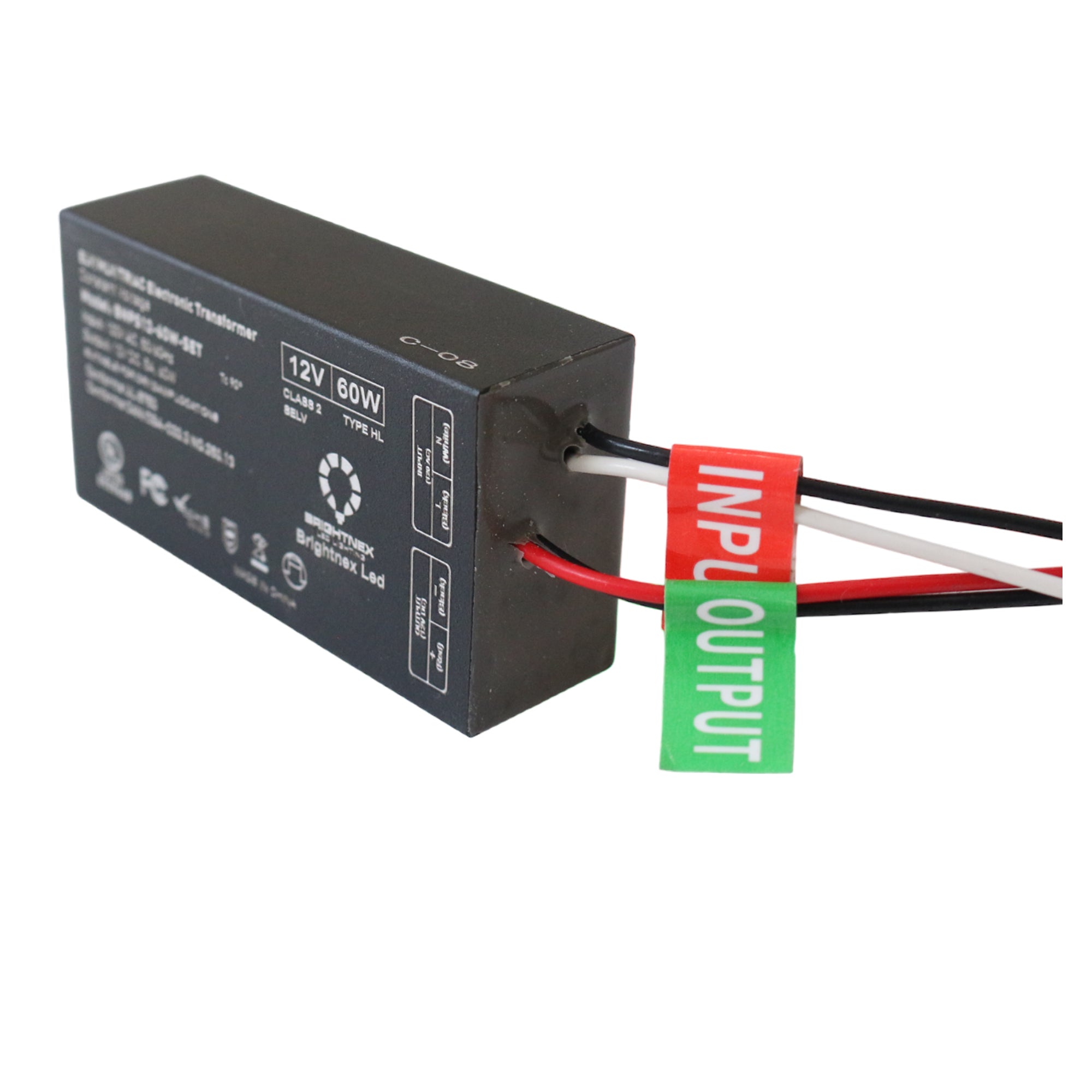 Specification label of 12V 60W Brightnex dimmable LED transformer showing electrical ratings and certifications