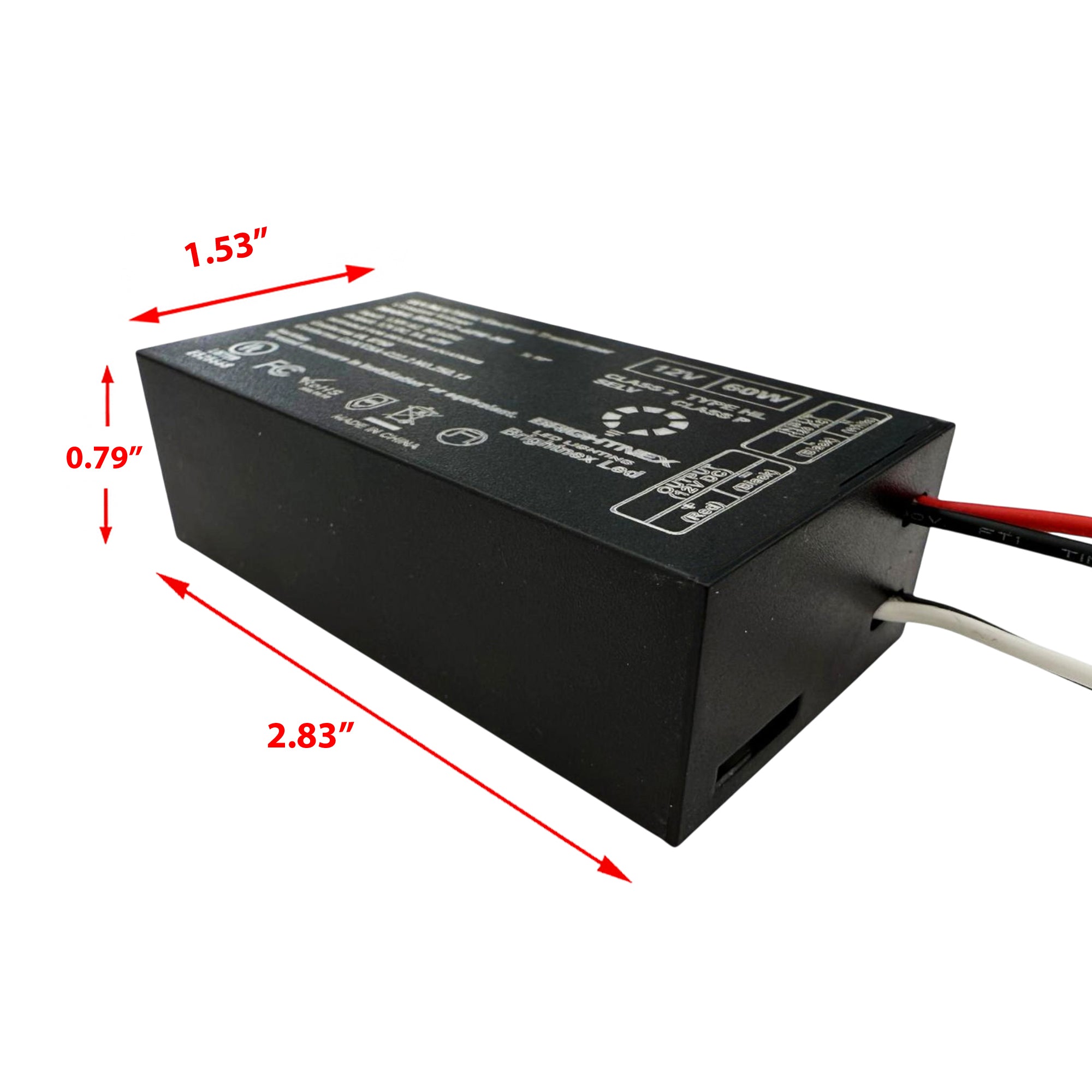 Compact 60W 24V dimmable LED transformer with labeled dimensions showing length width and height measurements