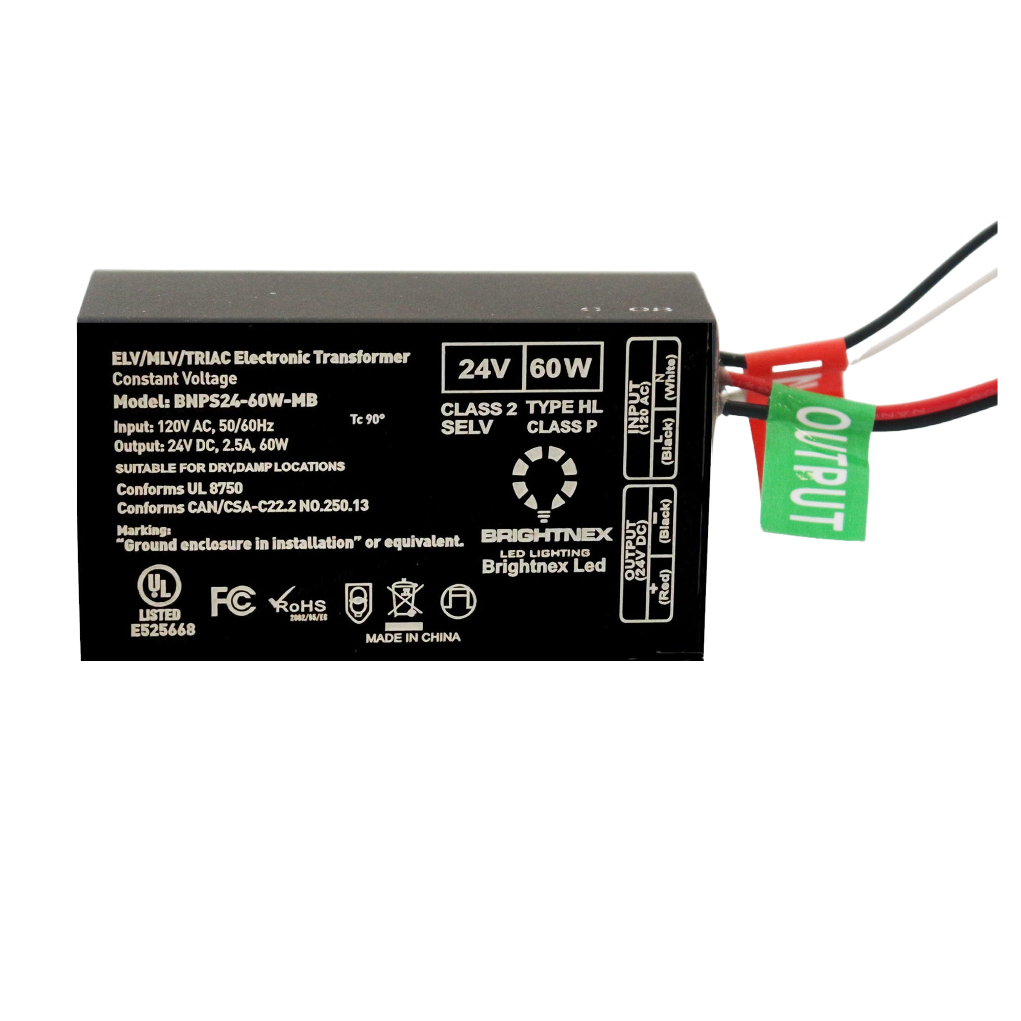 Specification label of 24V 60W Brightnex dimmable LED transformer showing electrical ratings and certifications, class p, class 2