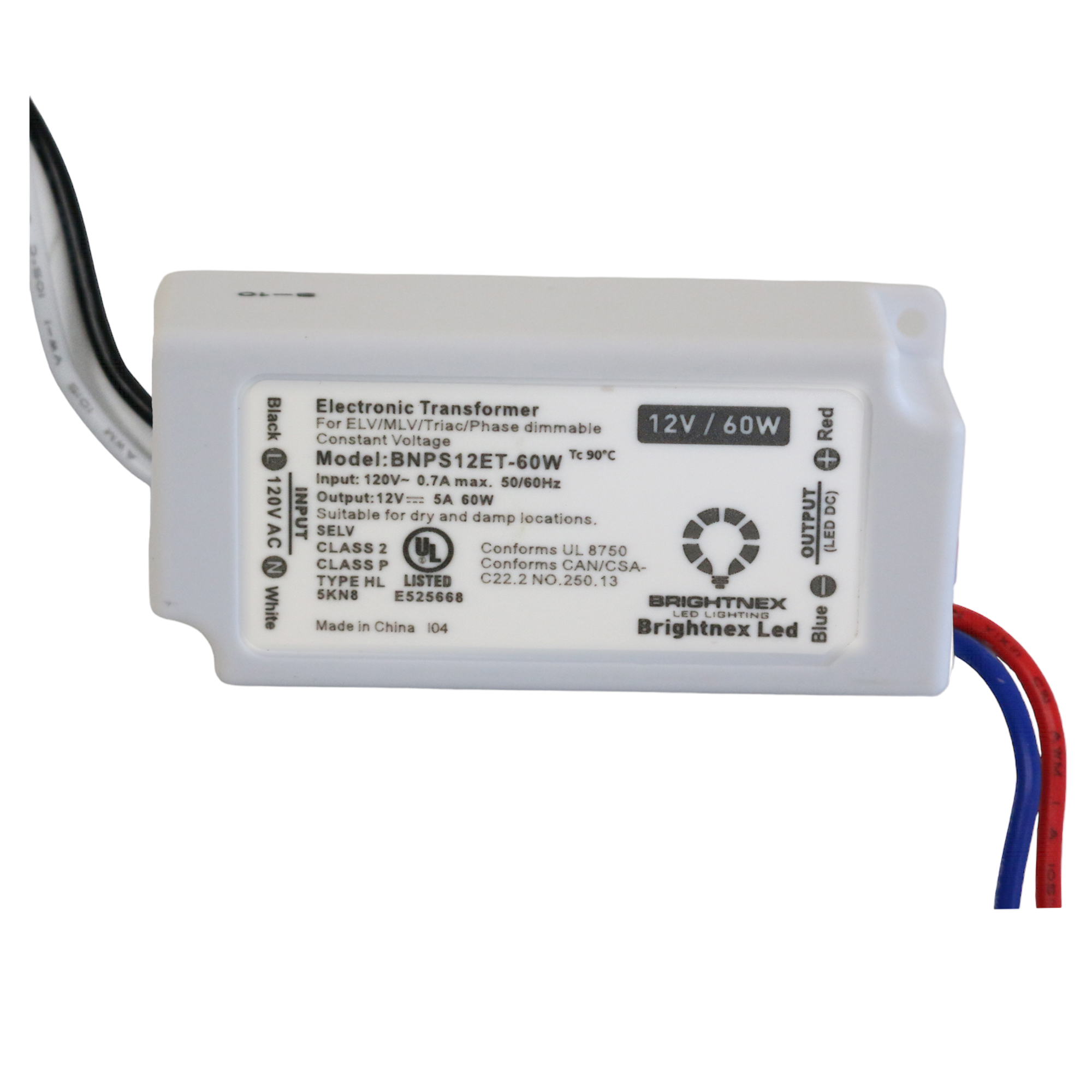 Brightnex 60W 12V dimmable LED transformer Class 2 Class P constant voltage with input and output wires
