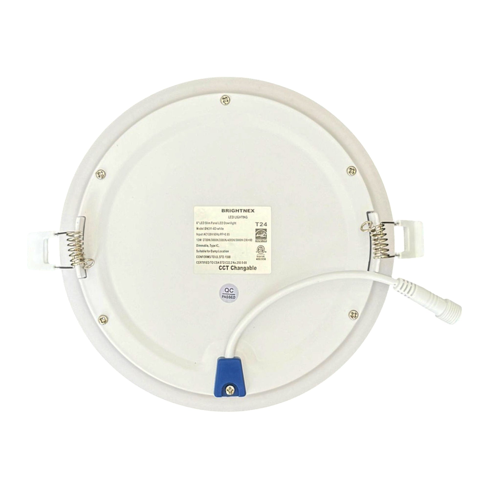 4 inch LED recessed downlight back view showing spring clips cable connector and metal housing