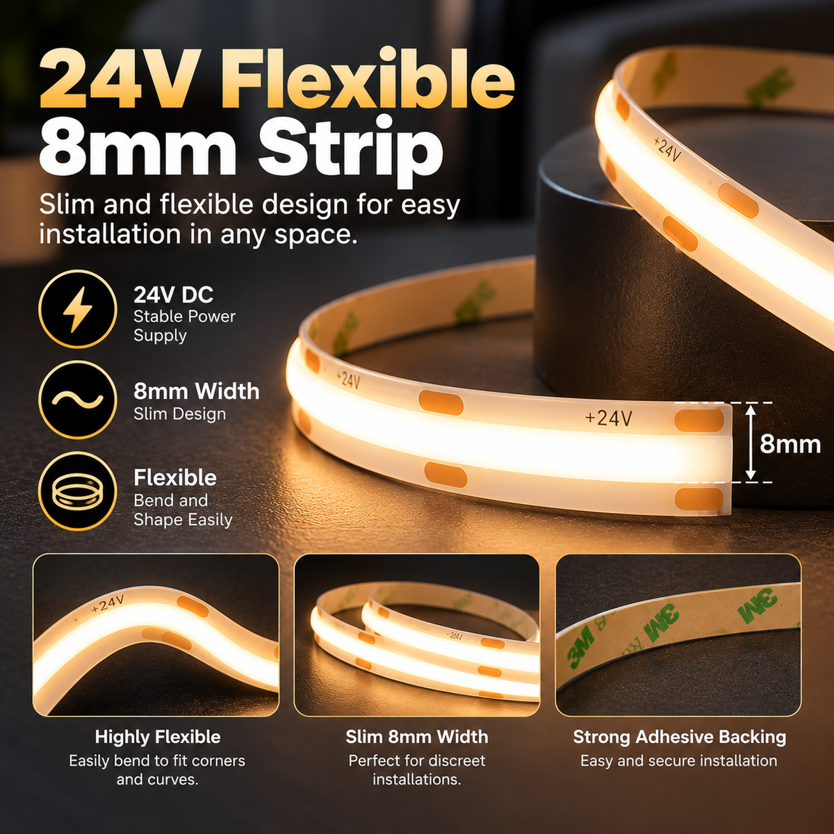 Cuttable & Free-Cut COB LED Strip Light –  Indoor - Dimmable - 8mm – 24V DC – (2700K,3000K,4000K,5000K)–  16.5ft & 82ft - UL Certified