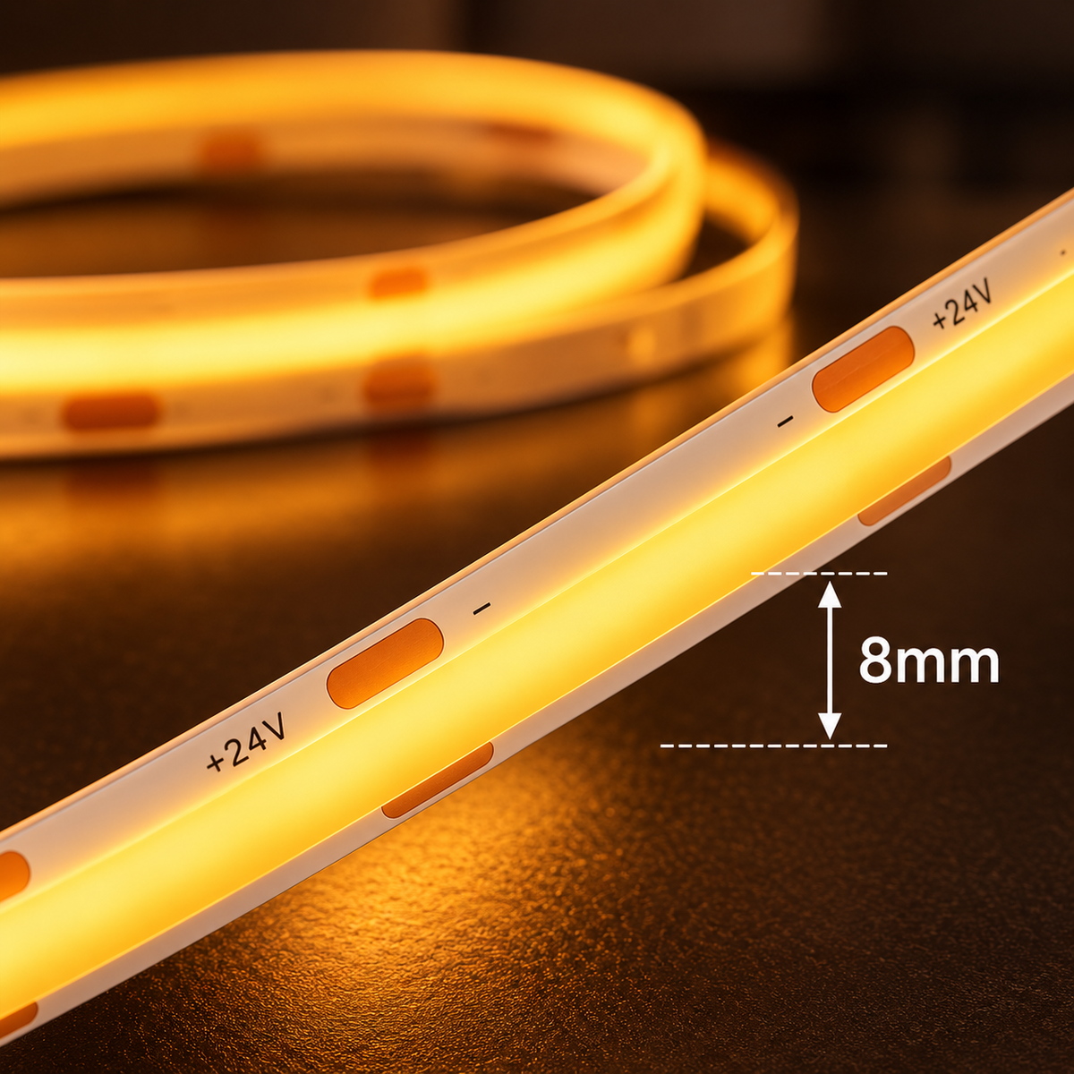COB LED Strip Light – Dotless – Indoor - Dimmable - 24V, 8mm – 1800K- 16.5ft - UL Certified