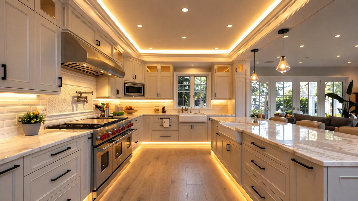 Warm white COB LED strip lighting installed under kitchen cabinets, toe kicks and ceiling coves for seamless accent lighting