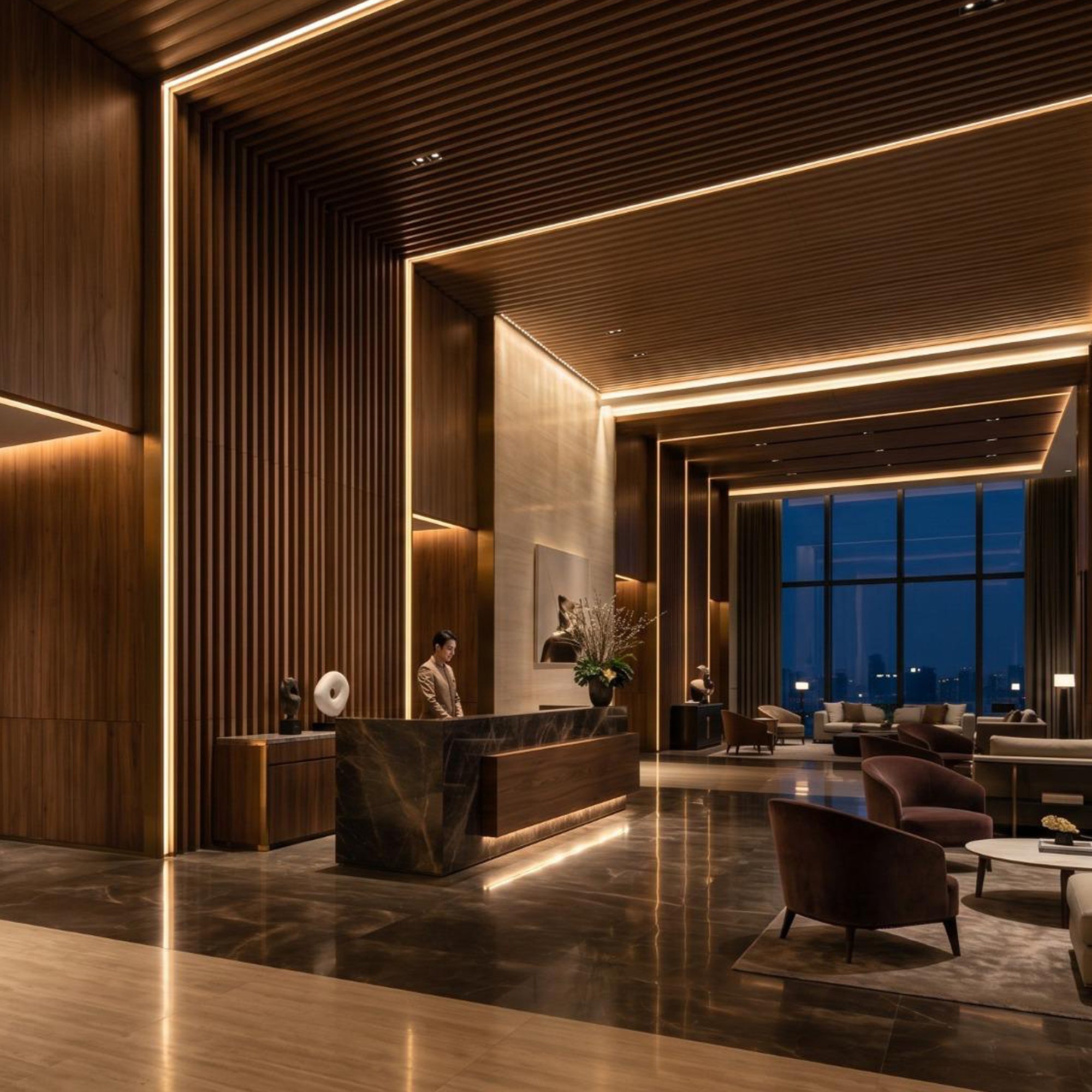 Modern luxury interior with warm white COB LED strip lighting integrated into wooden ceiling and wall panels creating seamless ambient illumination