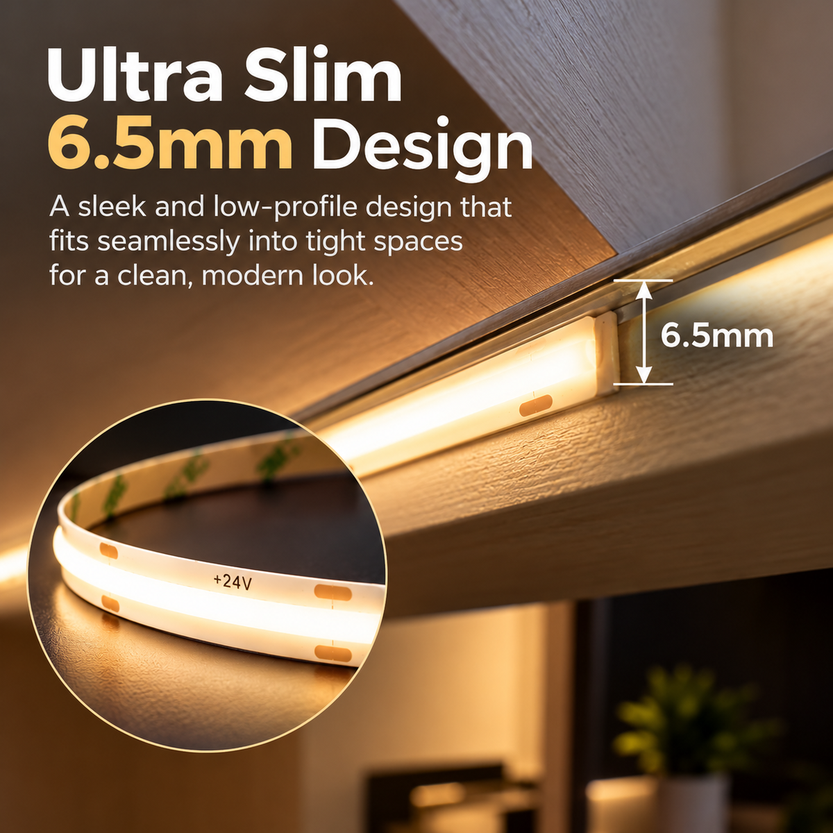 Ultra Slim COB LED Strip – Dotless – Indoor - Dimmable - 24V, 6.5mm – (2700K,3000K,4000K,5000K)- 16.5ft