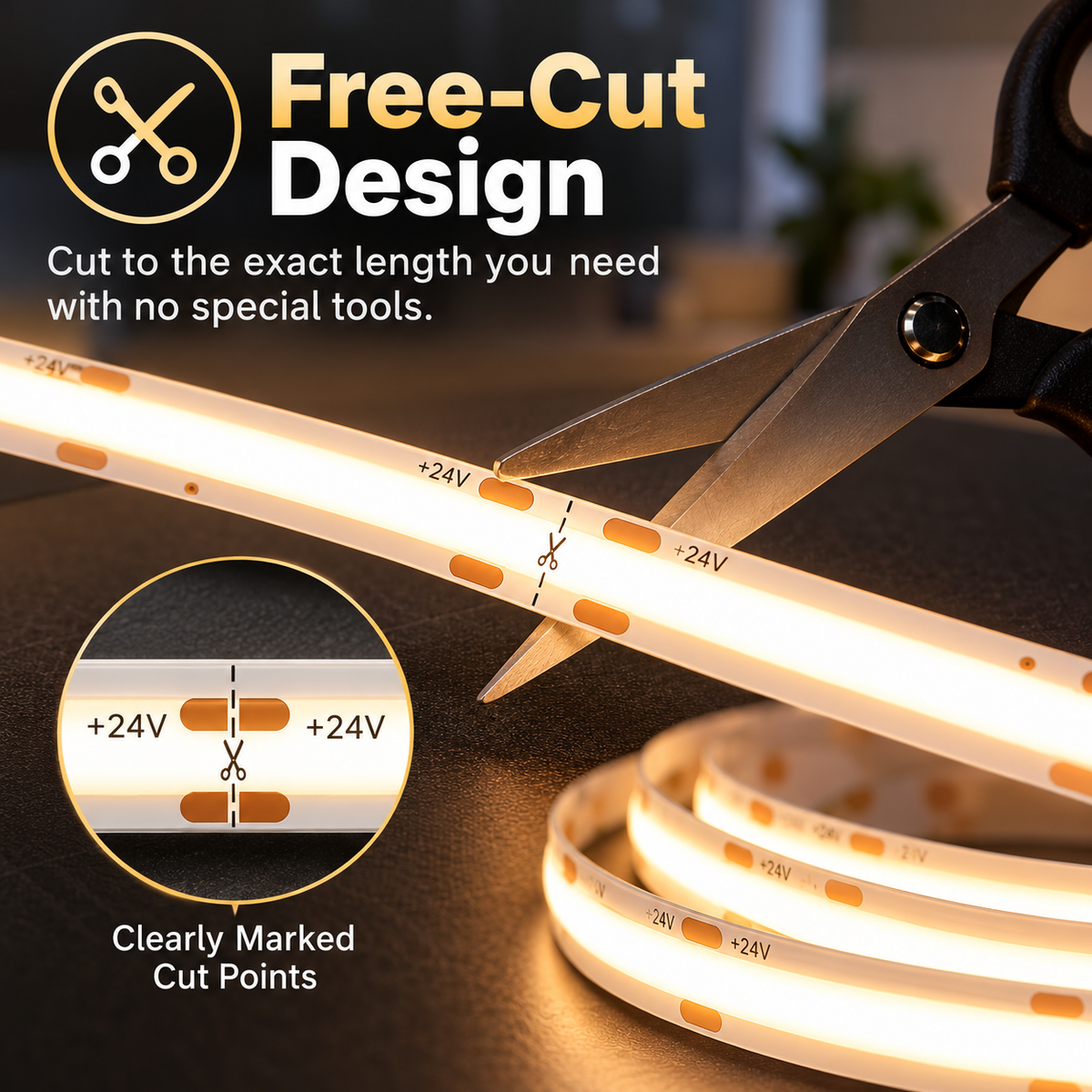 Cuttable & Free-Cut COB LED Strip Light –  Indoor - Dimmable - 8mm – 24V DC – (2700K,3000K,4000K,5000K)–  16.5ft & 82ft - UL Certified