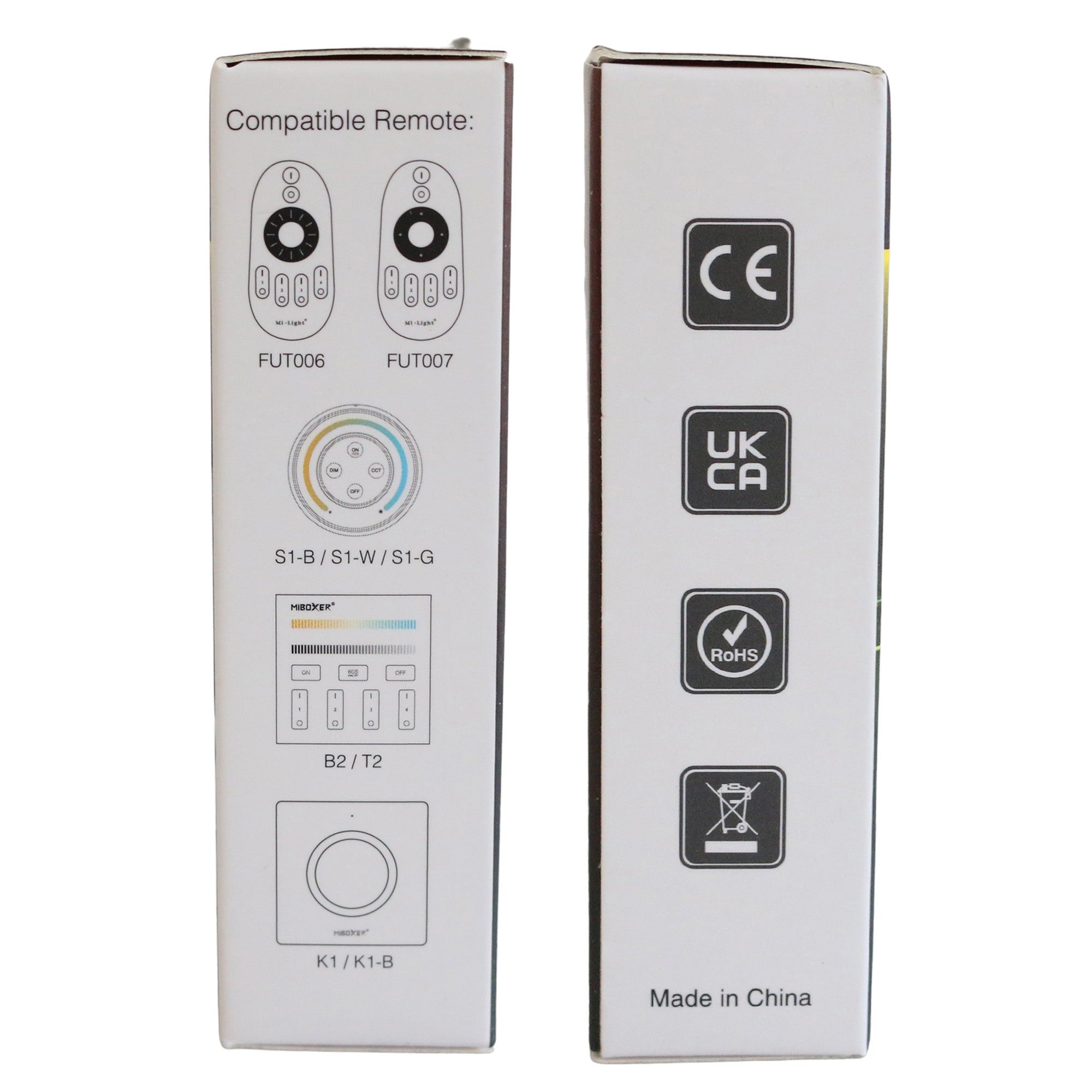 Mi Light FUT007 LED remote packaging side view showing compatibility information and certifications