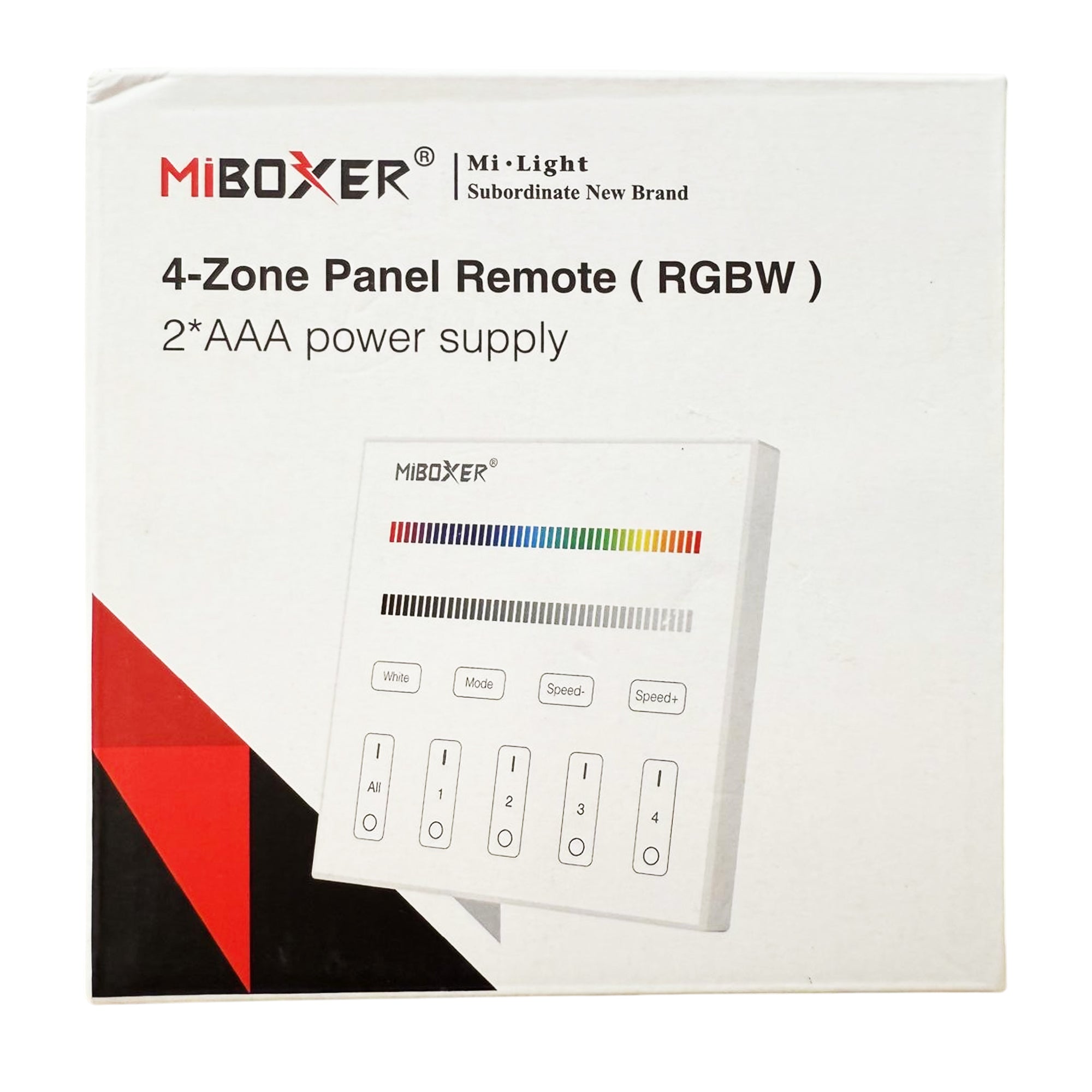 Miboxer B3 RGBW 4 zone wall panel remote packaging with 2 AAA battery power supply