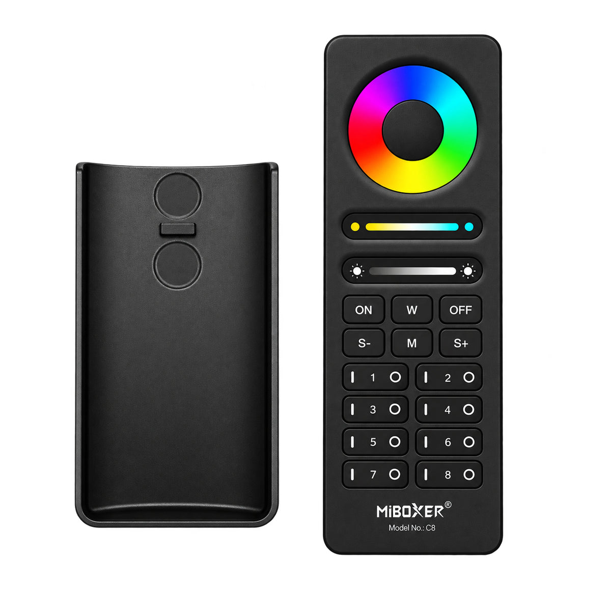 MiBoxer C8 8-Zone RGB+CCT Remote Control showing front and back views