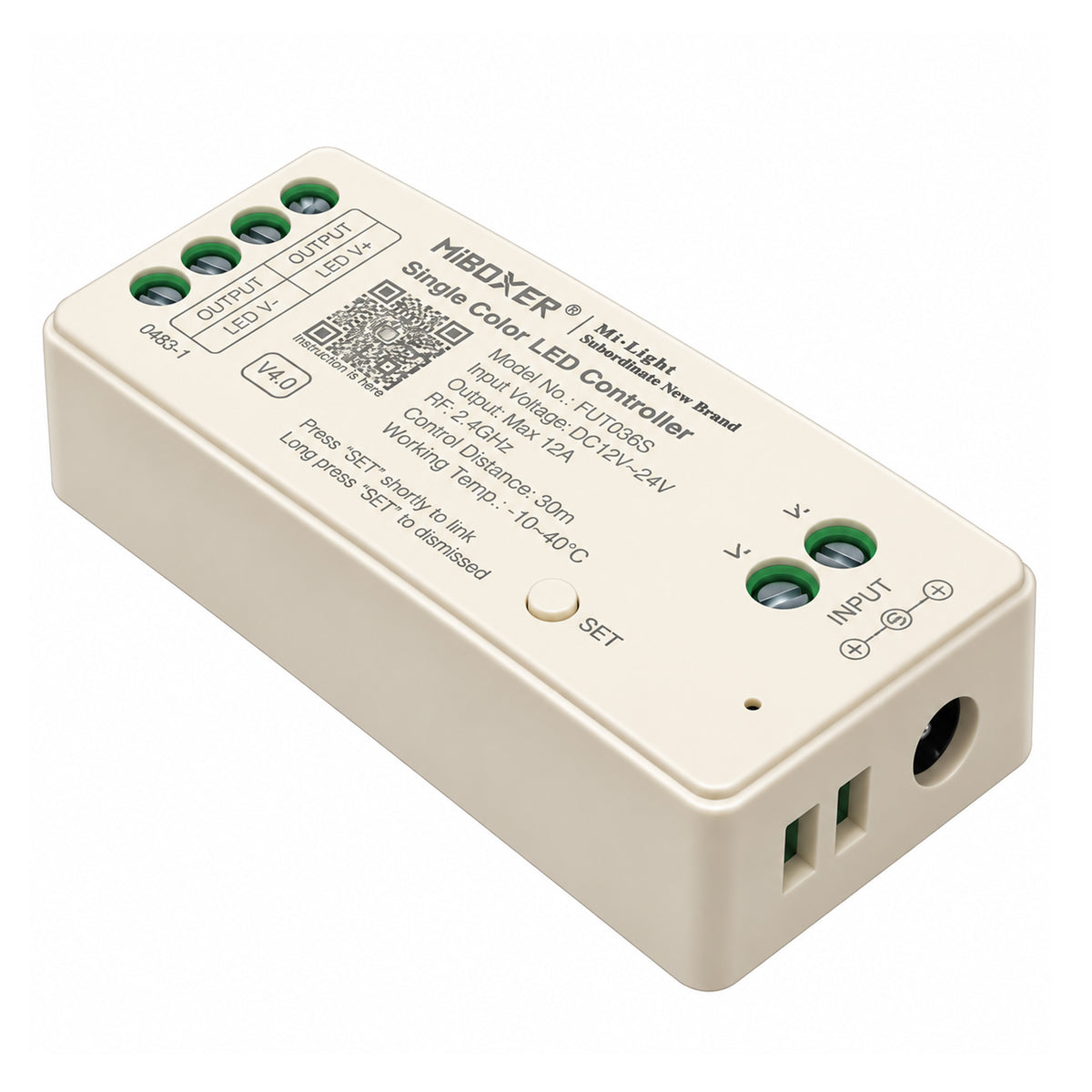 MiBoxer FUT036S Single Color LED Controller 12V-24V 12A showing input and output terminals
