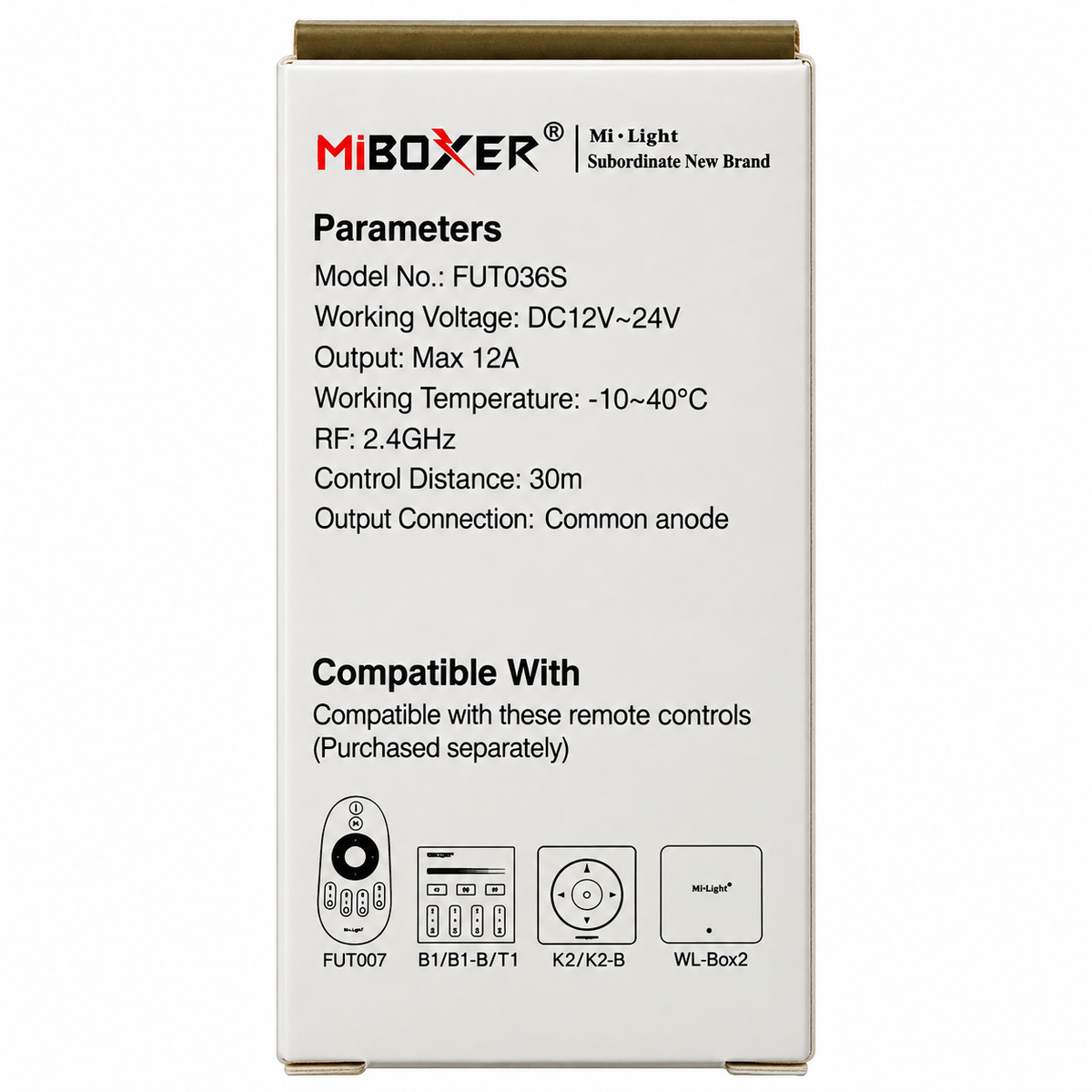 MiBoxer FUT036S Single Color LED Controller specifications and compatible remote controls
