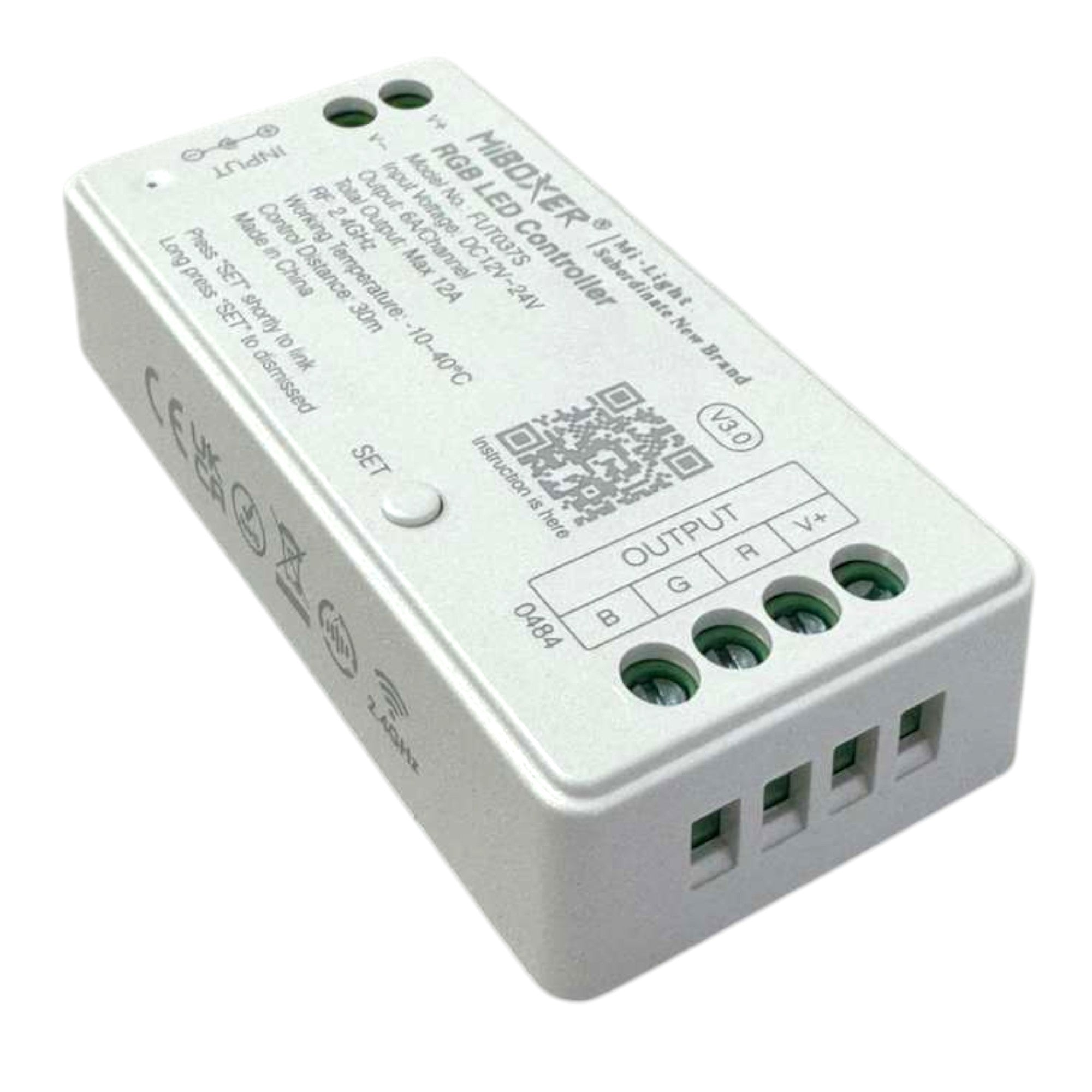 Miboxer FUT037S RGB LED controller angled view showing output terminals