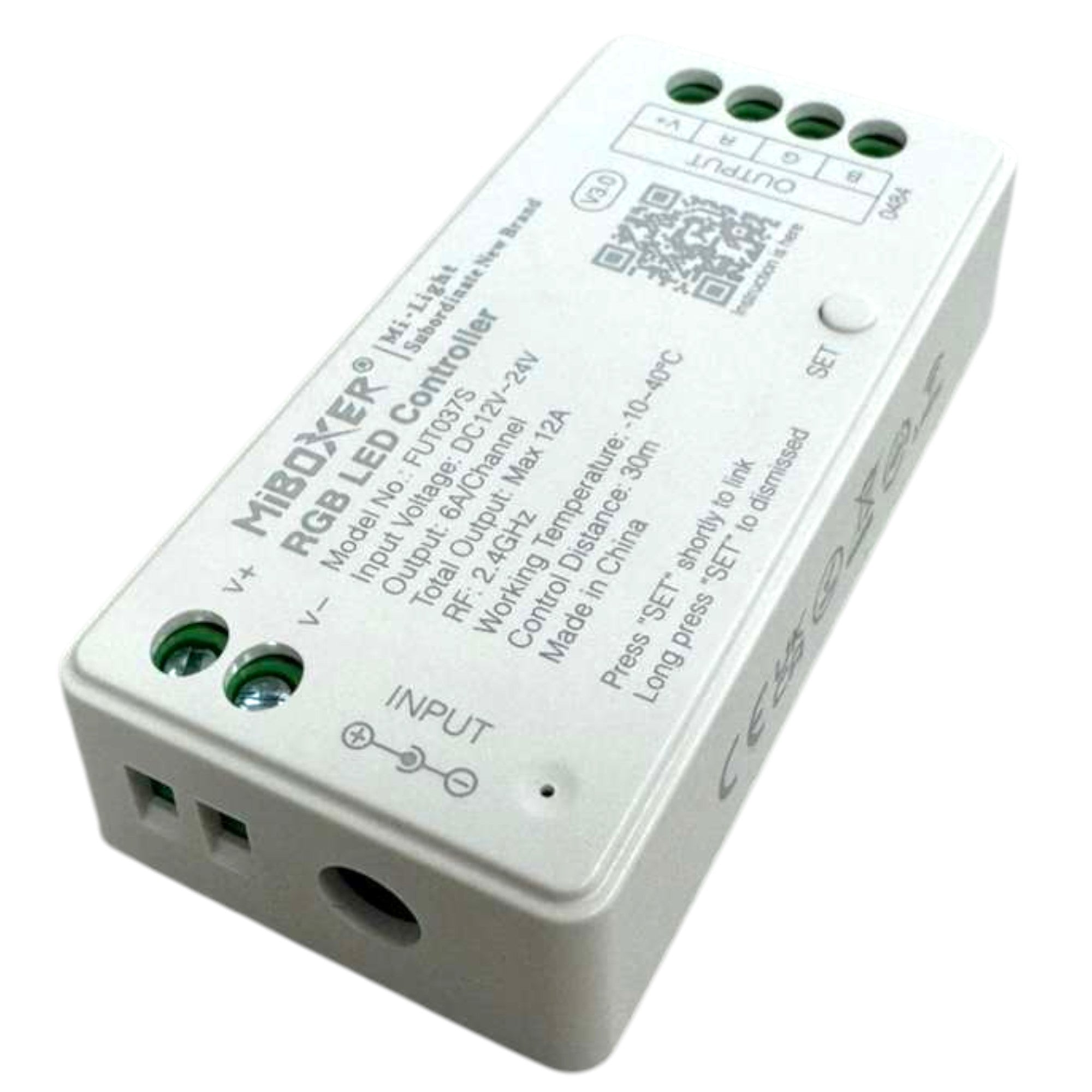 Miboxer FUT037S RGB LED strip controller showing power input and RGB output connections