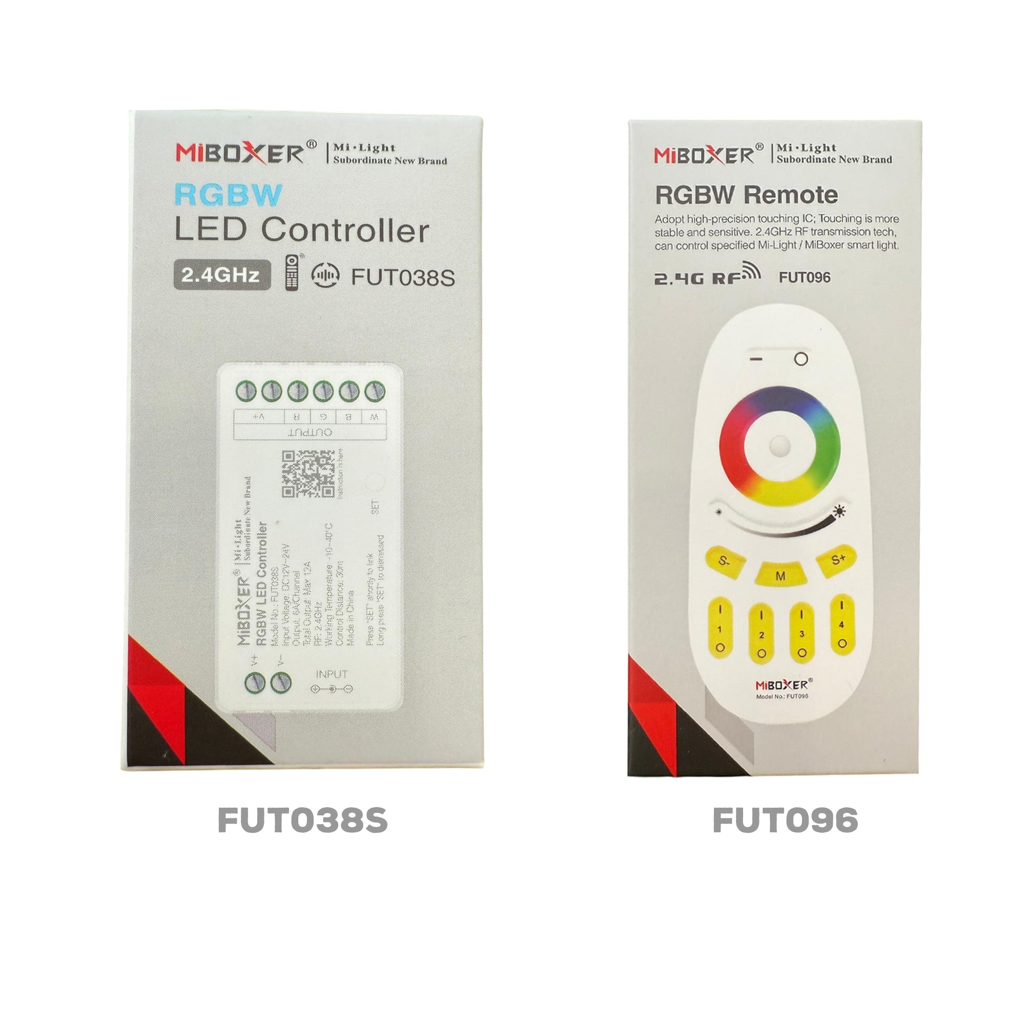 Miboxer RGBW LED controller kit FUT038S with FUT096 remote retail packaging