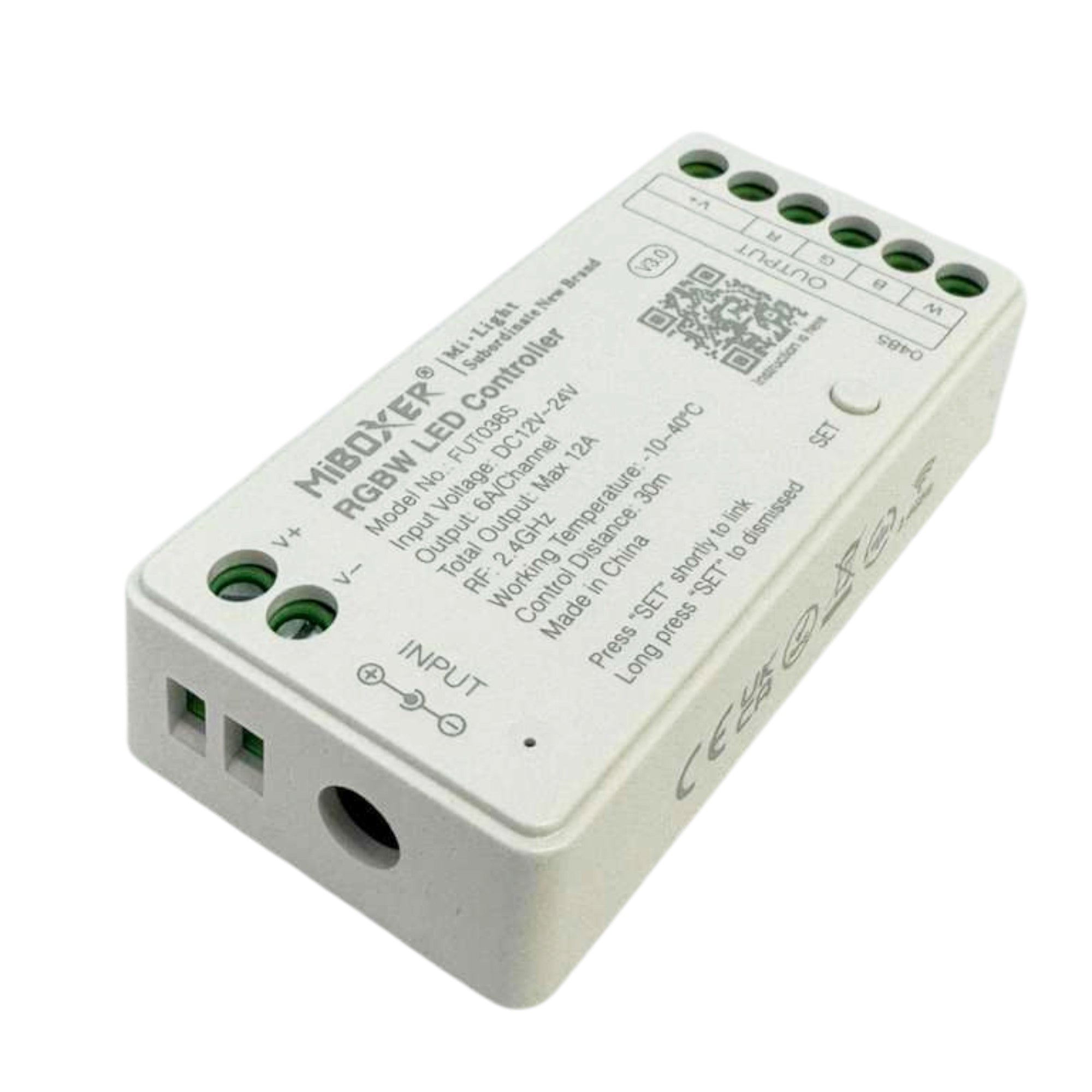 Miboxer FUT038S RGBW LED strip controller showing power input and RGBW output connections