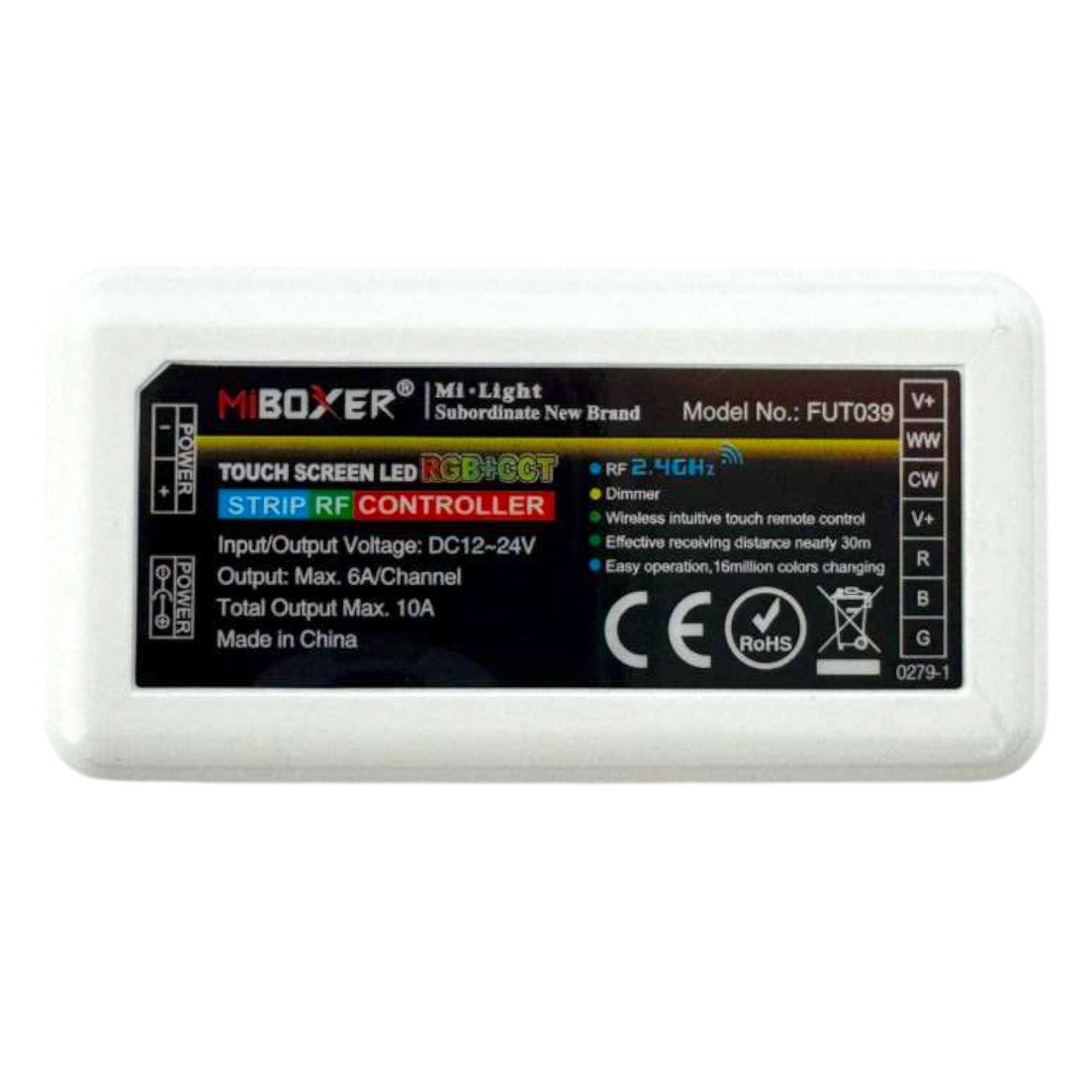 Miboxer FUT039 RGB CCT LED strip RF controller technical label with specifications
