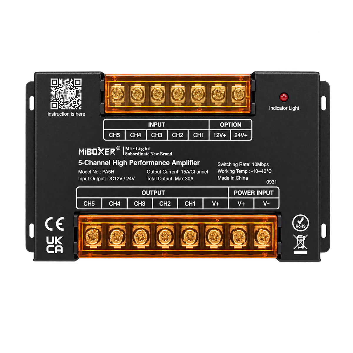 MiBoxer PA5H 30A 5-Channel LED Amplifier with 12V/24V input and channel terminals