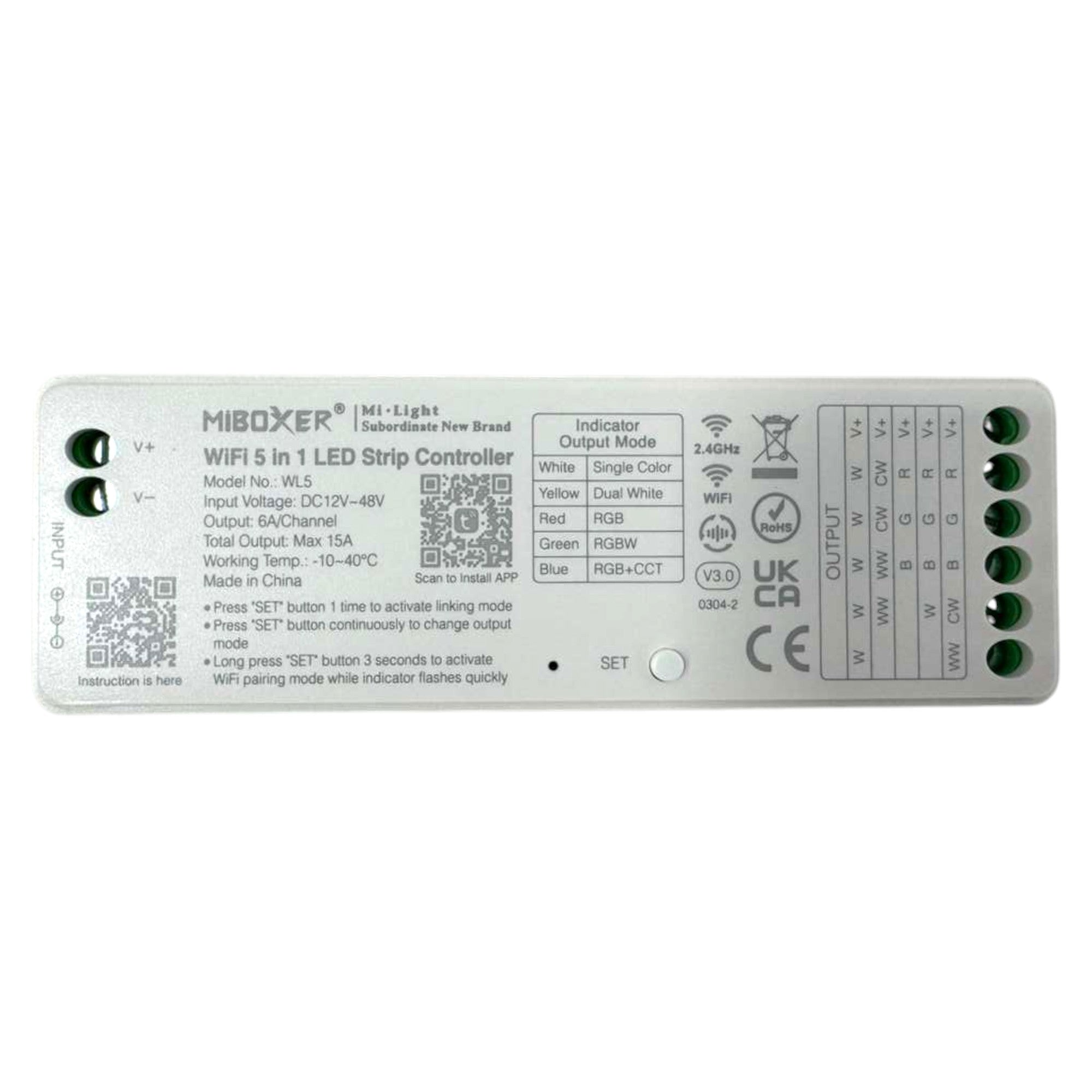 Miboxer WL5 WiFi 5-in-1 LED controller back view showing wiring diagram and specifications