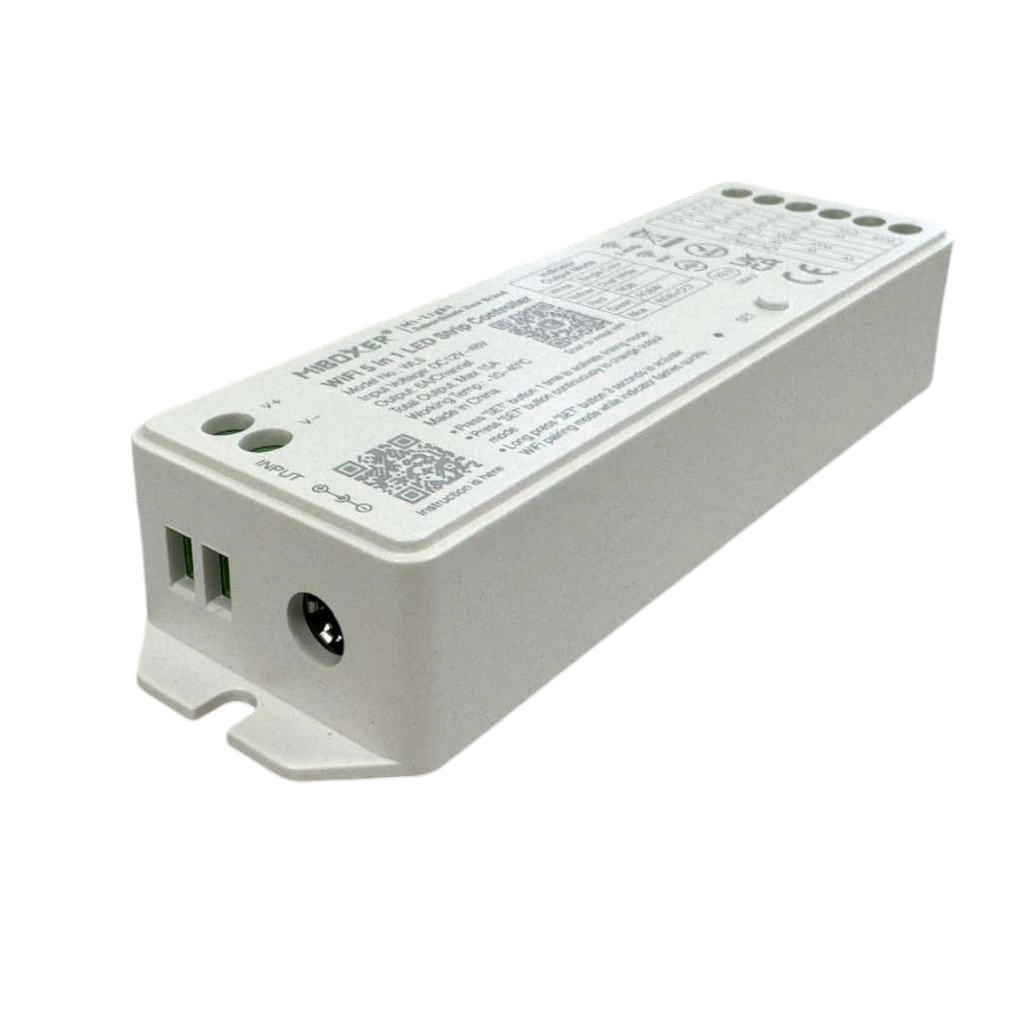 Miboxer WL5 WiFi 5-in-1 LED strip controller angled front view showing input connections