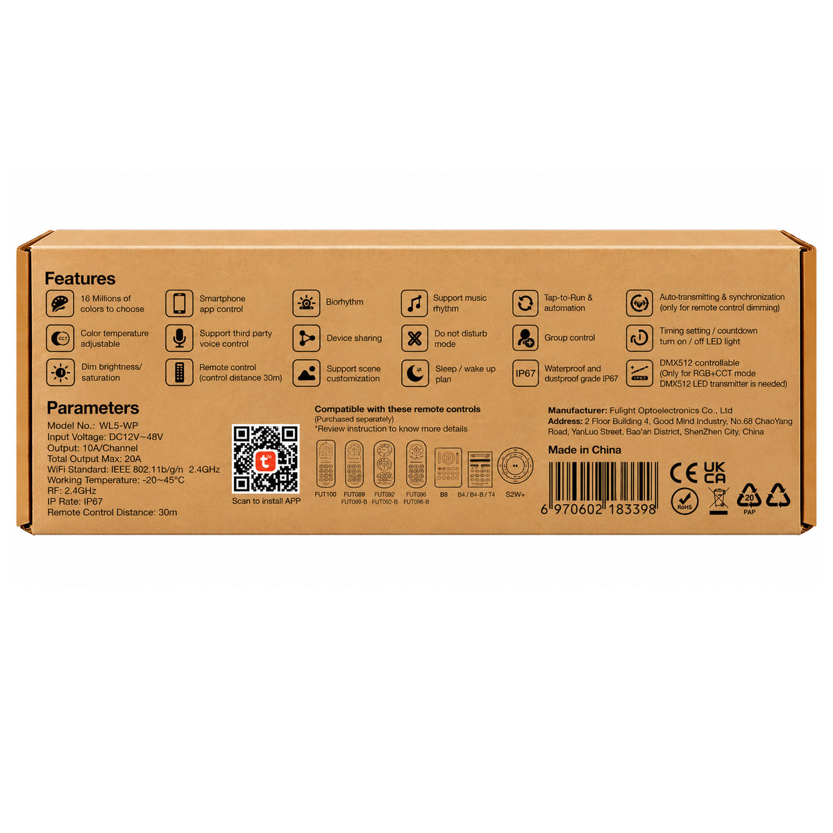 MiBoxer WL5-WP waterproof 5-in-1 WiFi LED controller features and specifications with 12V-48V input, 2.4GHz RF and IP67 rating