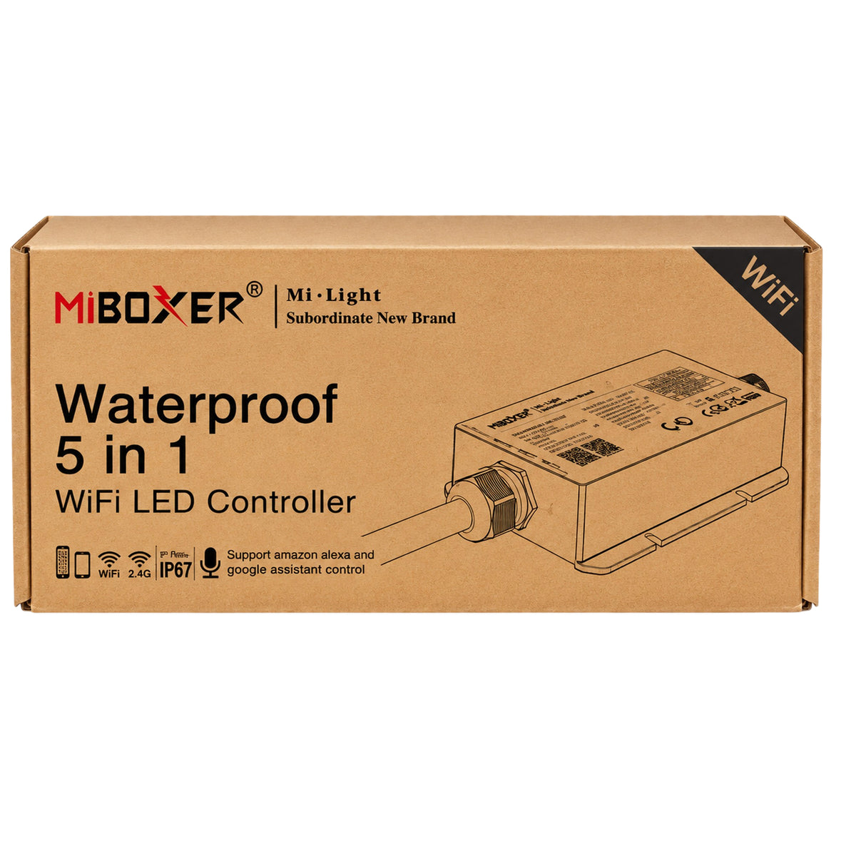 MiBoxer WL5-WP waterproof 5-in-1 WiFi LED controller with 2.4GHz RF and IP67 rating in product packaging