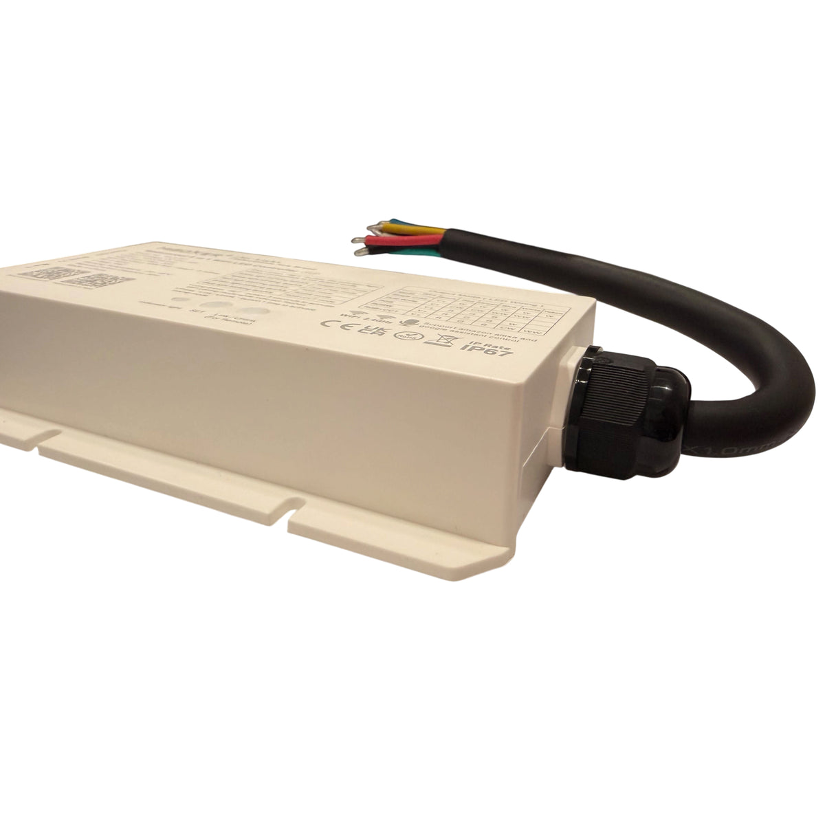 MiBoxer WL5-WP waterproof 5-in-1 WiFi LED controller side view with IP67 housing and multi-color output cable