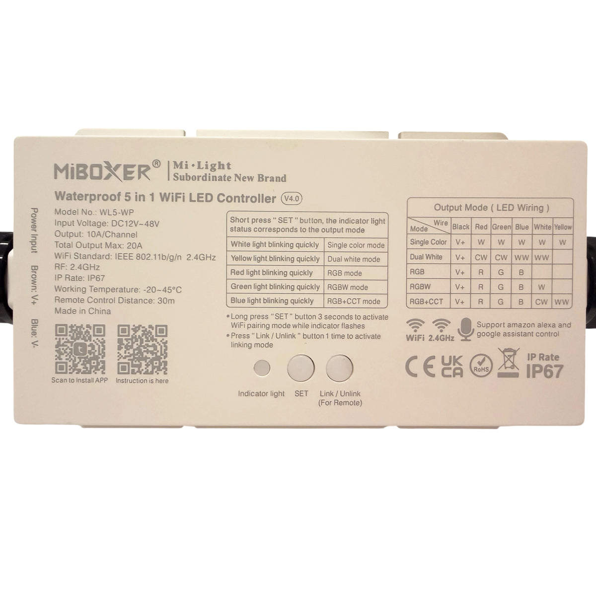 MiBoxer WL5-WP waterproof 5-in-1 WiFi LED controller specifications with 12V-48V input, 20A max output, 2.4GHz RF and IP67 rating