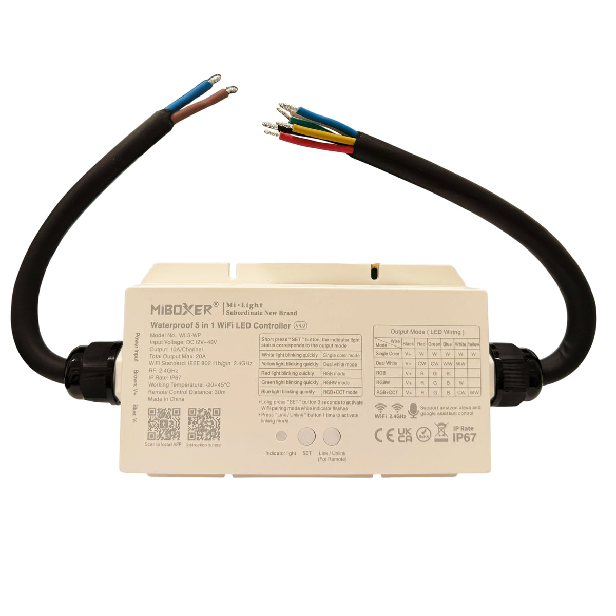 MiBoxer WL5-WP waterproof 5-in-1 WiFi LED controller with power input and multi-color output wires