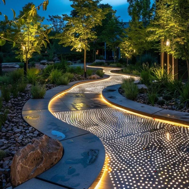 Curved outdoor garden pathway illuminated with waterproof COB LED strip lighting creating continuous warm glow along landscape walkway at night