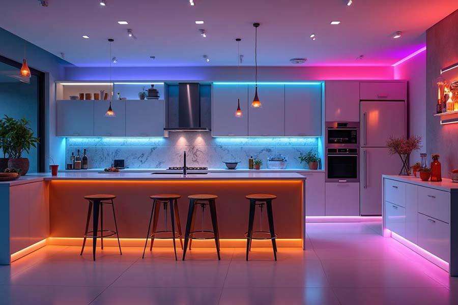 Modern kitchen with RGB CCT COB LED strip lighting displaying multicolor ambient illumination under cabinets and ceiling with tunable white accents