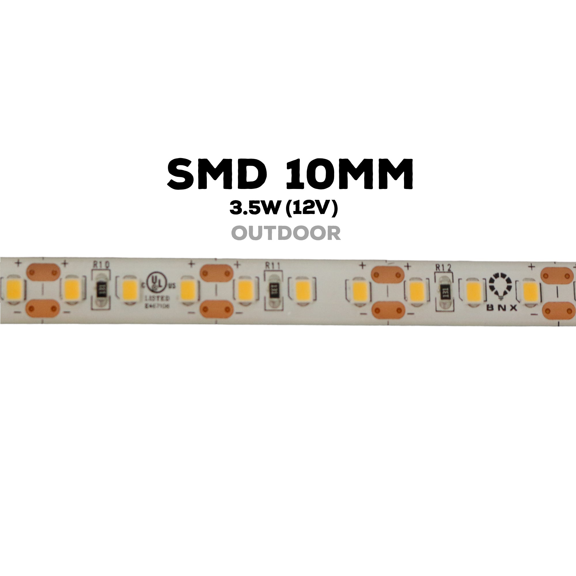 Close up of 12V 10mm outdoor SMD LED strip light showing LED chips and cuttable sections