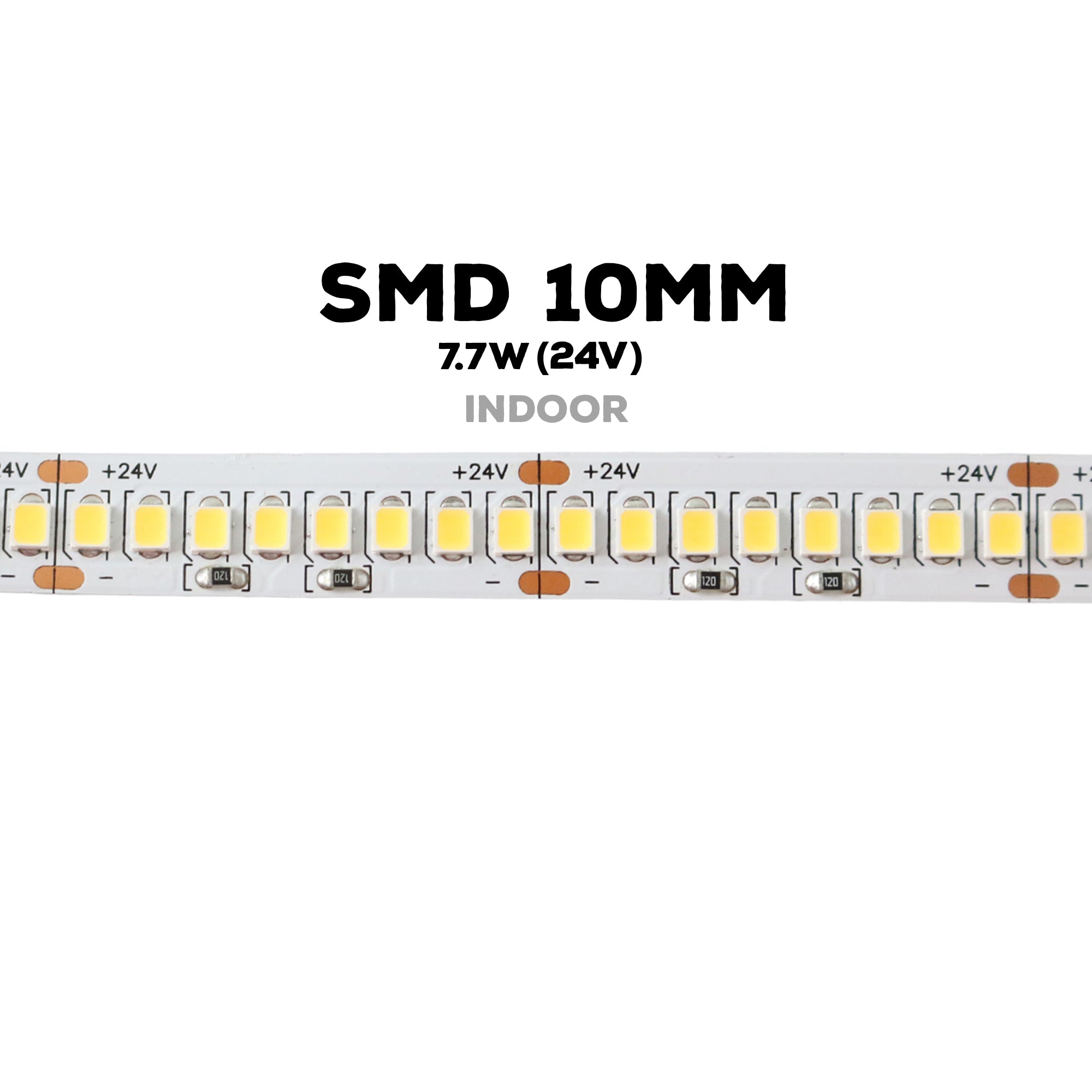 24V 10mm SMD LED strip light specifications showing 7.7W power and indoor application