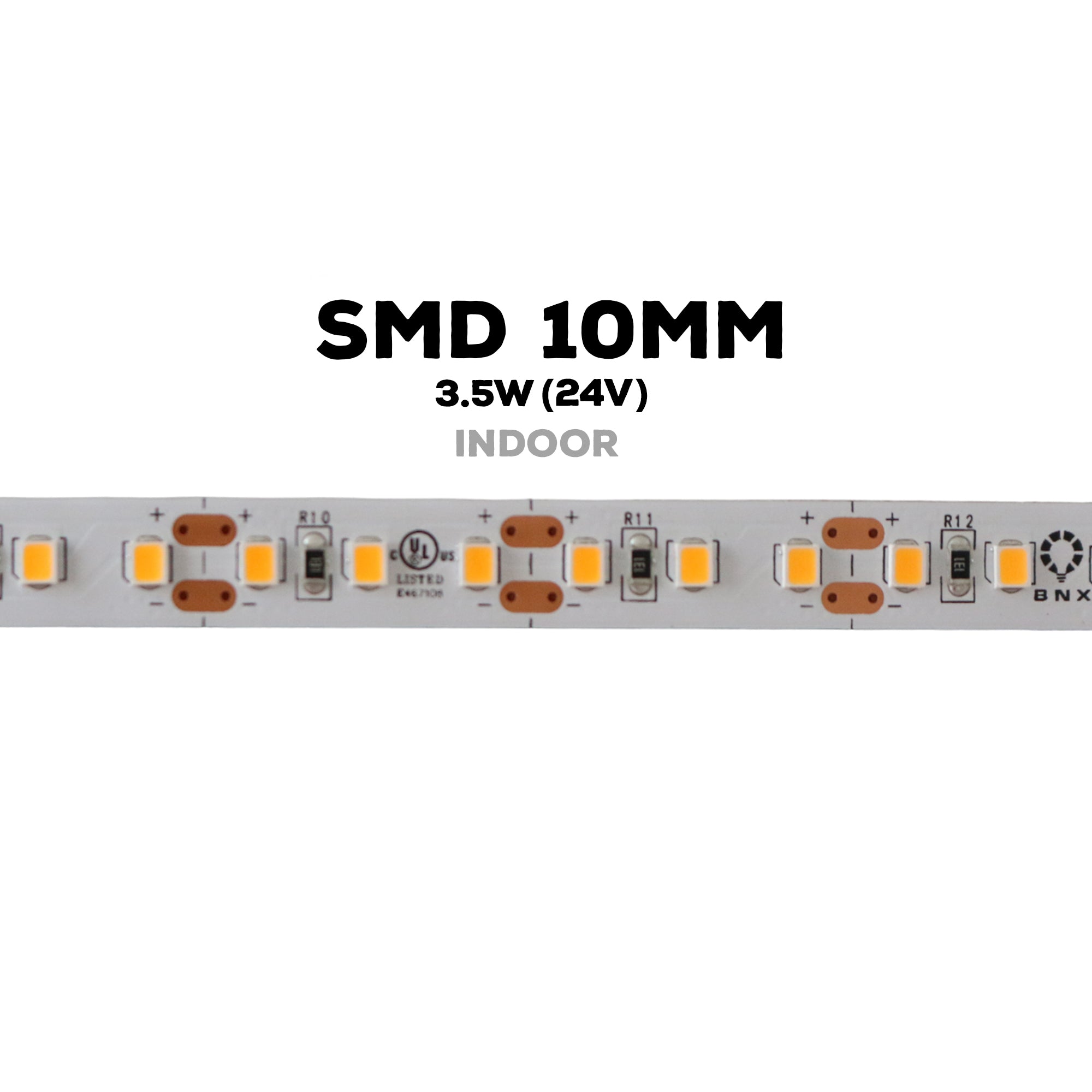 Close up of 24V 10mm SMD LED strip light showing LED spacing and cuttable sections
