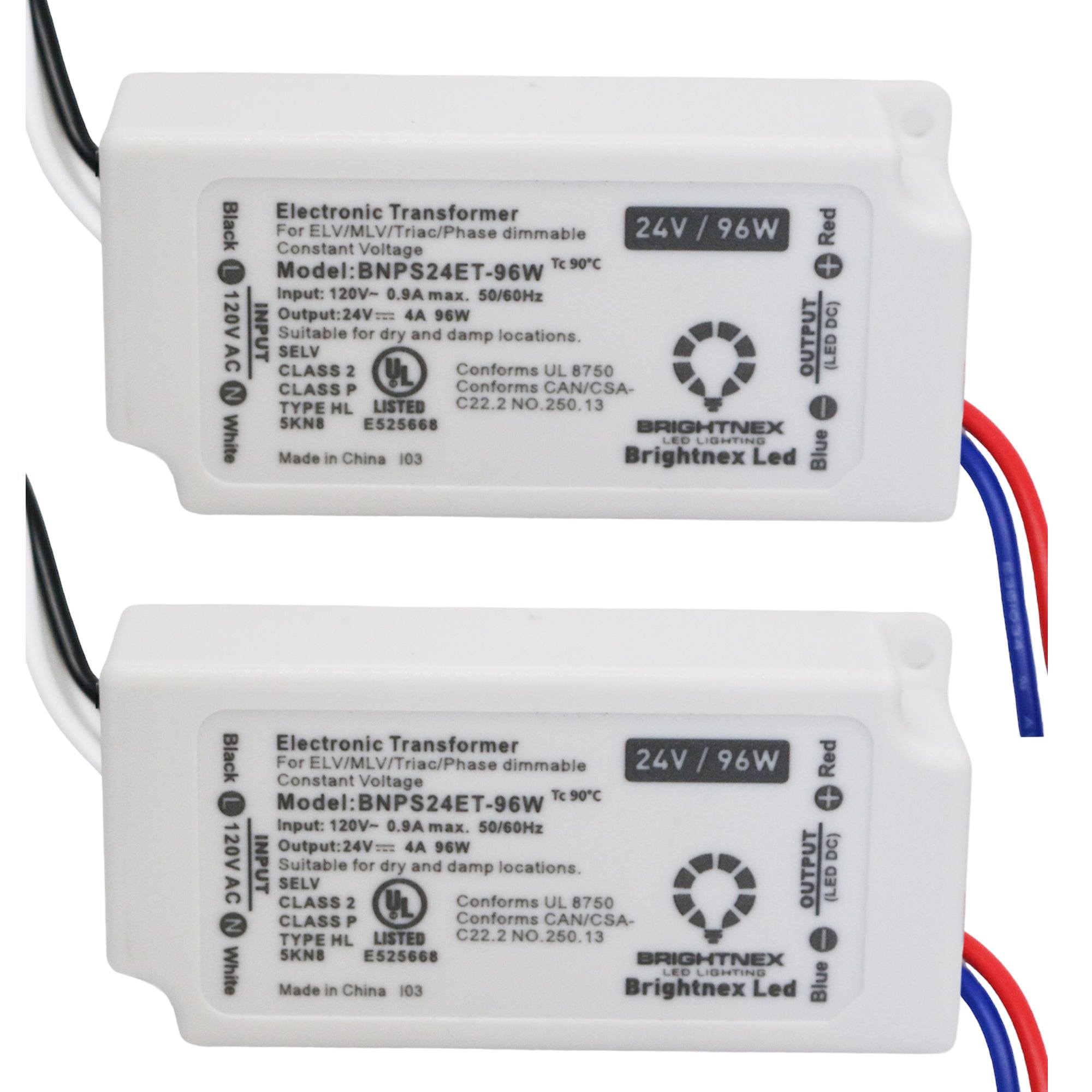 Specification label of 24V 96W Brightnex dimmable LED transformer showing electrical ratings and certifications, class 2, class p