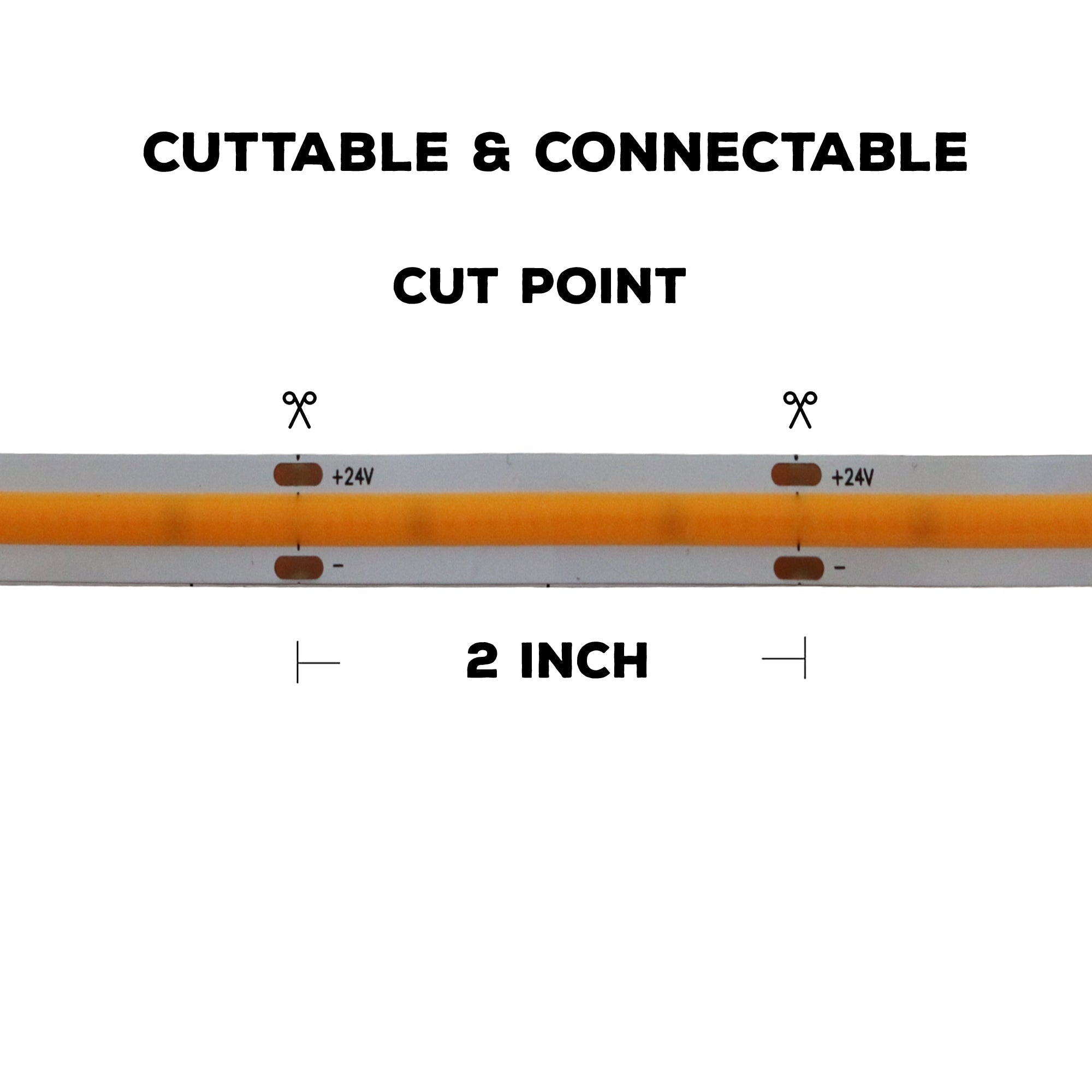 UL certified 24V 8mm COB LED strip light showing cut points for connectable flexible indoor LED strip lighting