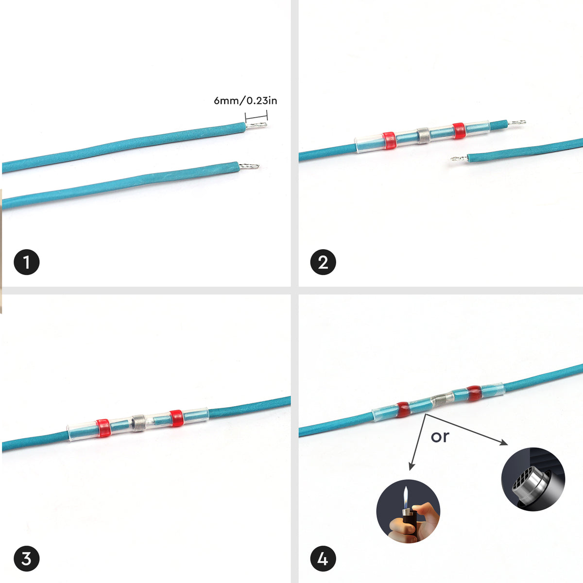 Waterproof solder seal wire connector installation guide showing wire stripping, connector placement, and heat sealing steps