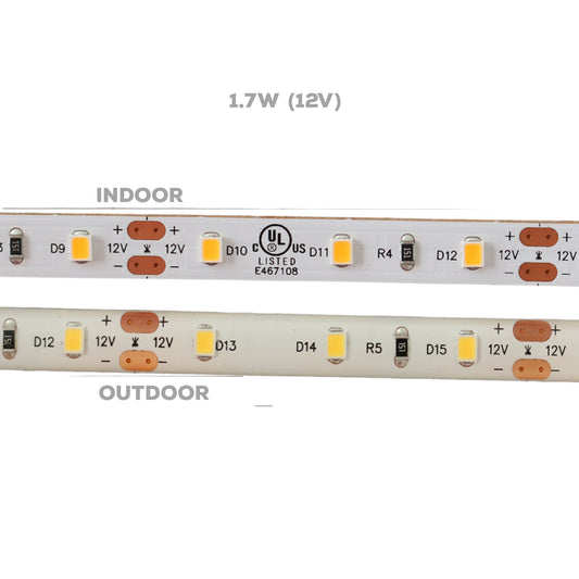 Dimmable Single Color LED Strip Lights 12V, 1.7W - IP20 (Indoor)/IP65 (Outdoor), UL Certified