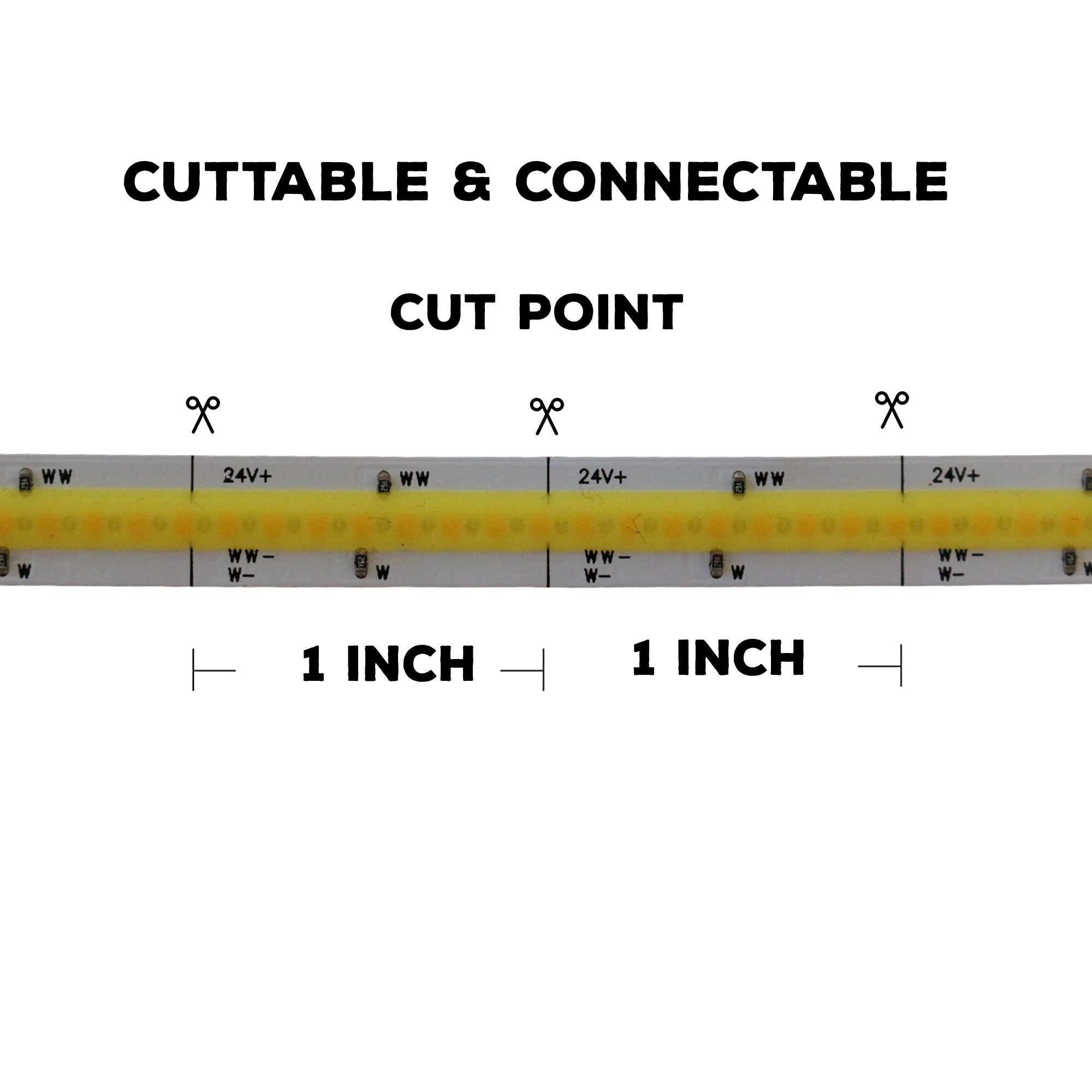 UL certified indoor 24V CCT COB LED strip light showing cut points and connection pads 10mm LED strip
