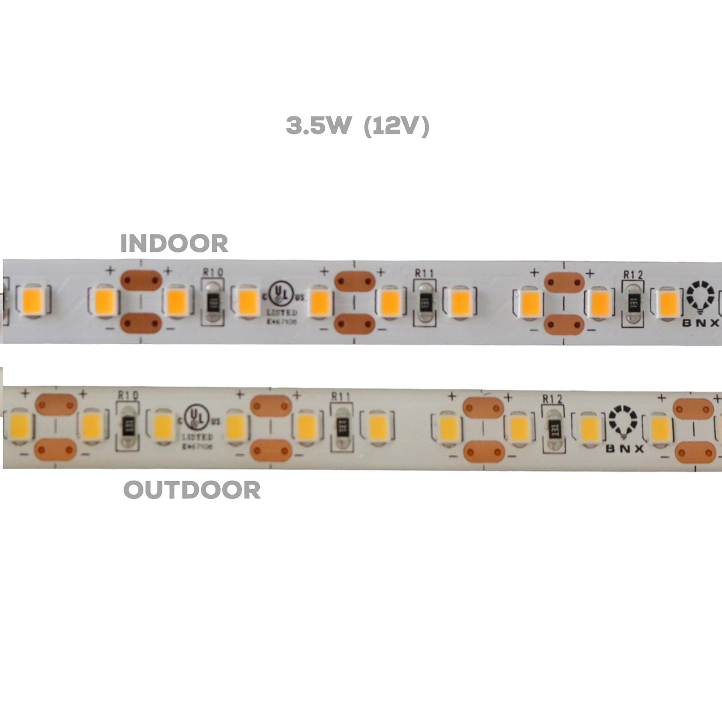 Dimmable Single Color LED Strip Lights 12V, 3.5W - IP20 (Indoor)/IP65 (Outdoor), UL Certified