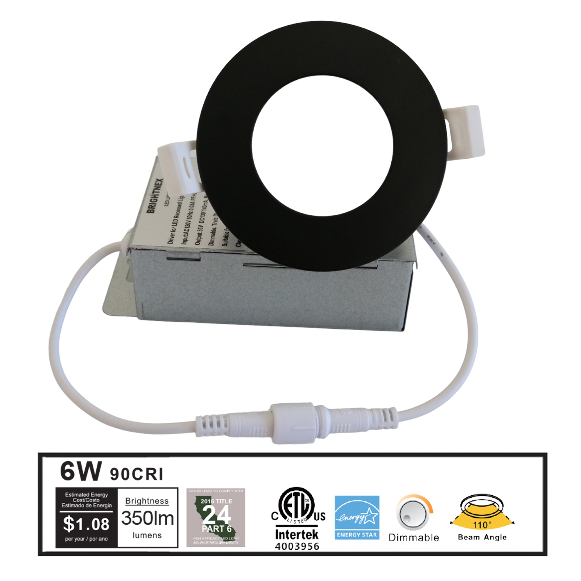 3 inch LED recessed downlight 6W 350 lumens CRI90 black trim indoor dimmable ceiling light with 110 degree beam angle