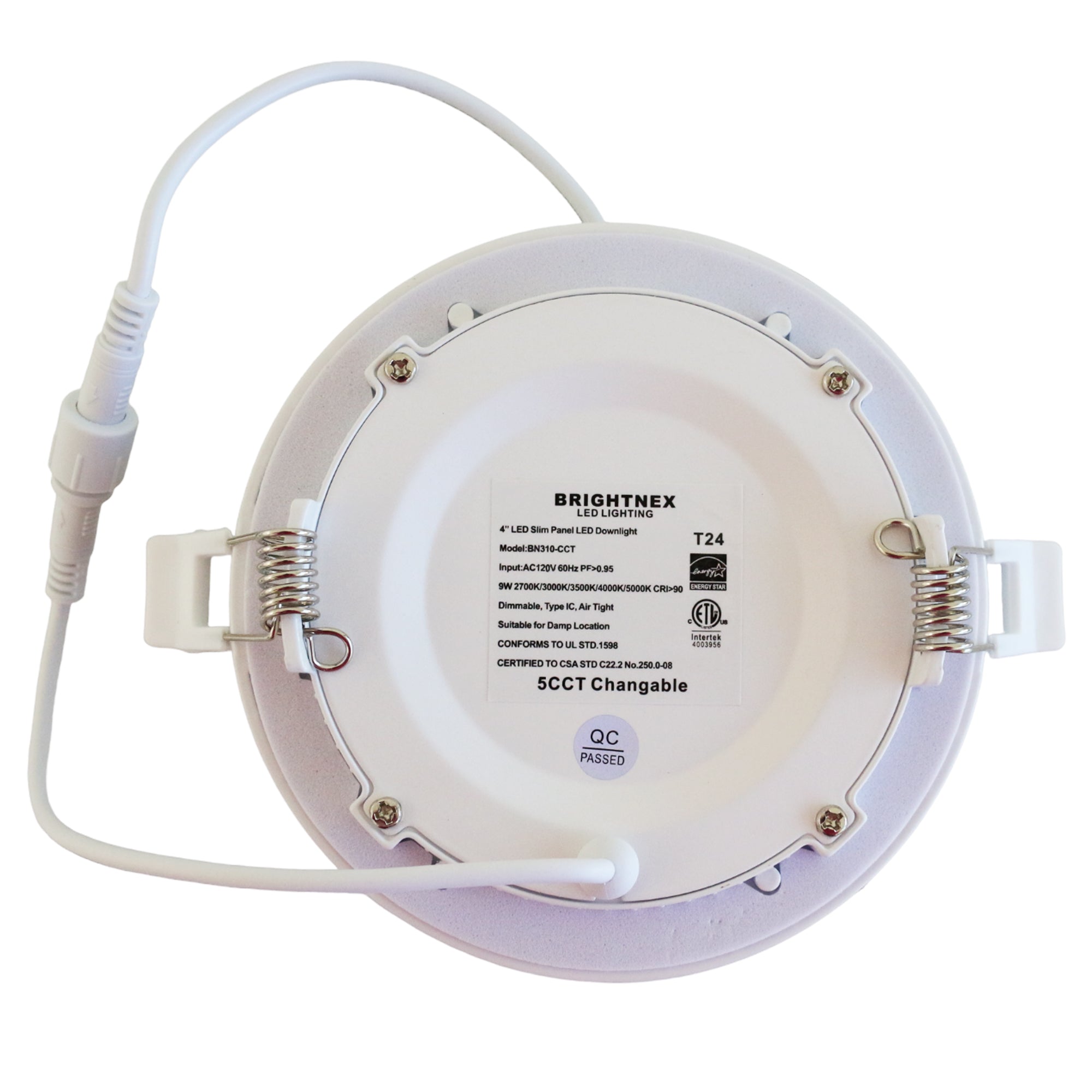 4 inch 5CCT LED recessed downlight back view showing junction box spring clips and connector cable indoor dimmable ceiling light