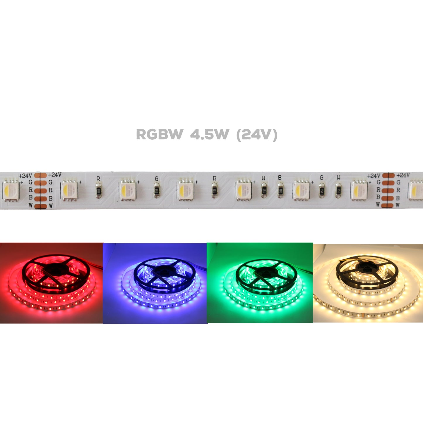 Dimmable RGBW LED Strip Lights 24V, 4.5W, IP20 (Indoor)/IP65 (Outdoor),16.5ft or 82ft (3k,4K,5K)
